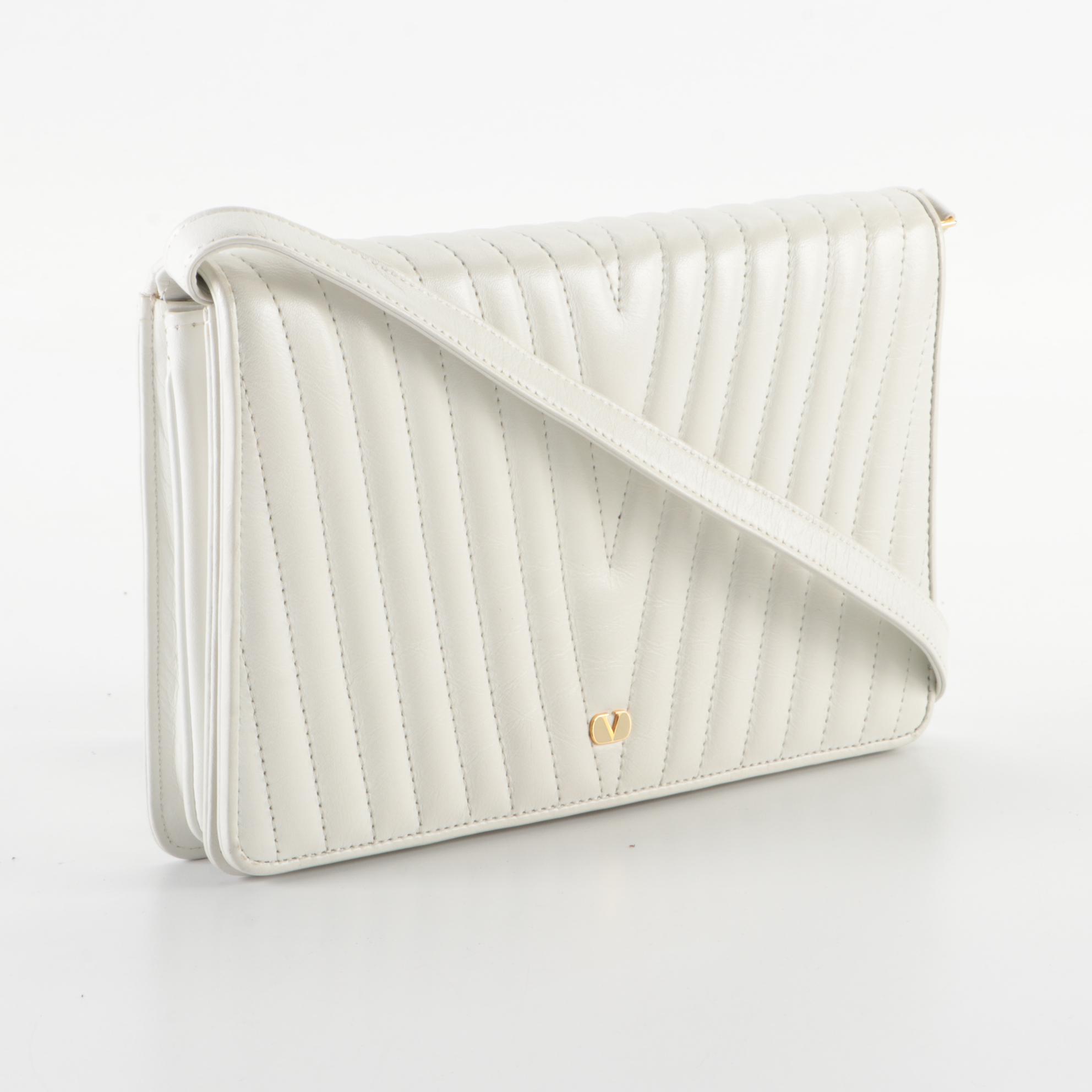 Valentino Garavani White Chevron Matelasse Leather Shoulder Bag