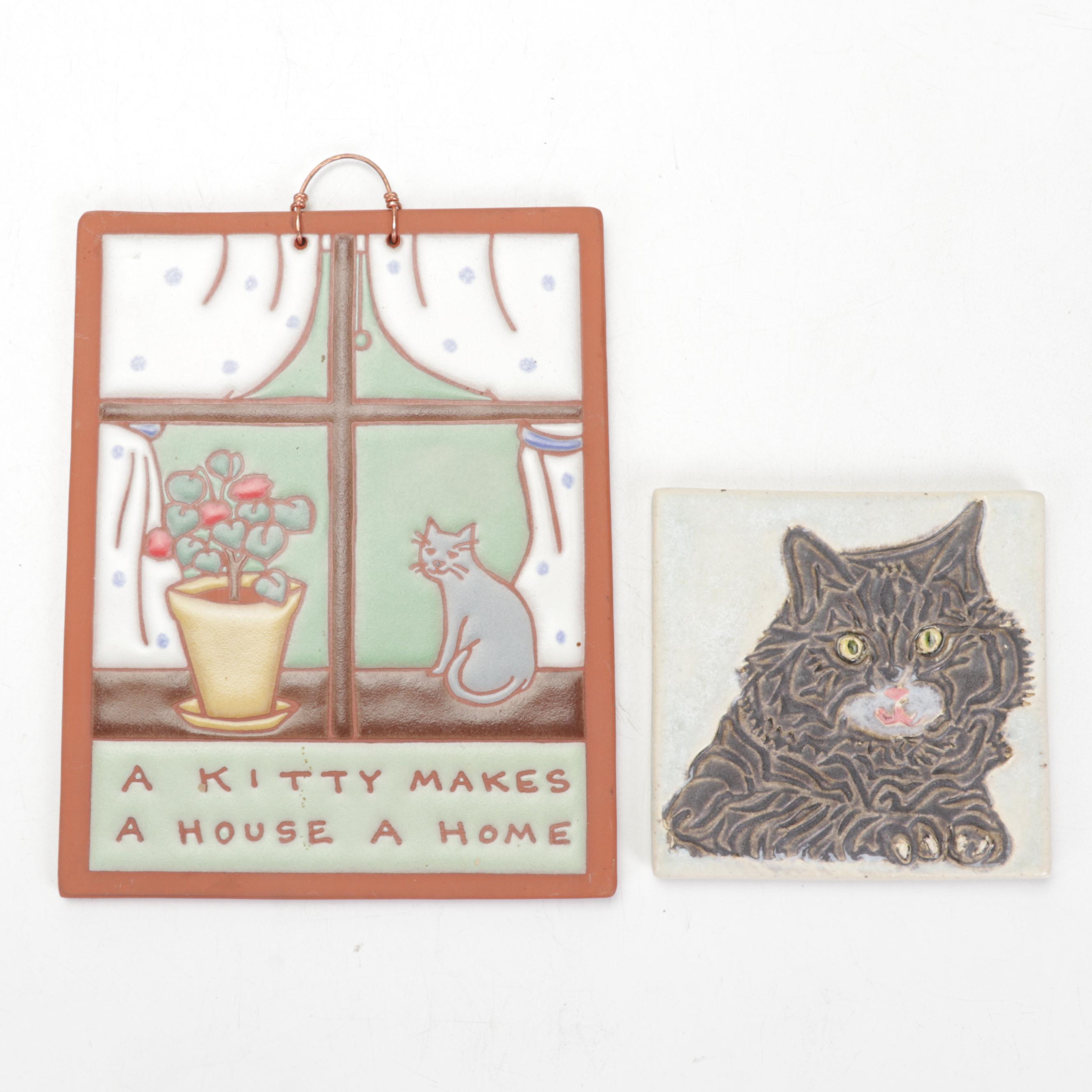 Cat and Botanical Themed Glazed Earthenware Tiles Including Mudpi and Kate Lally