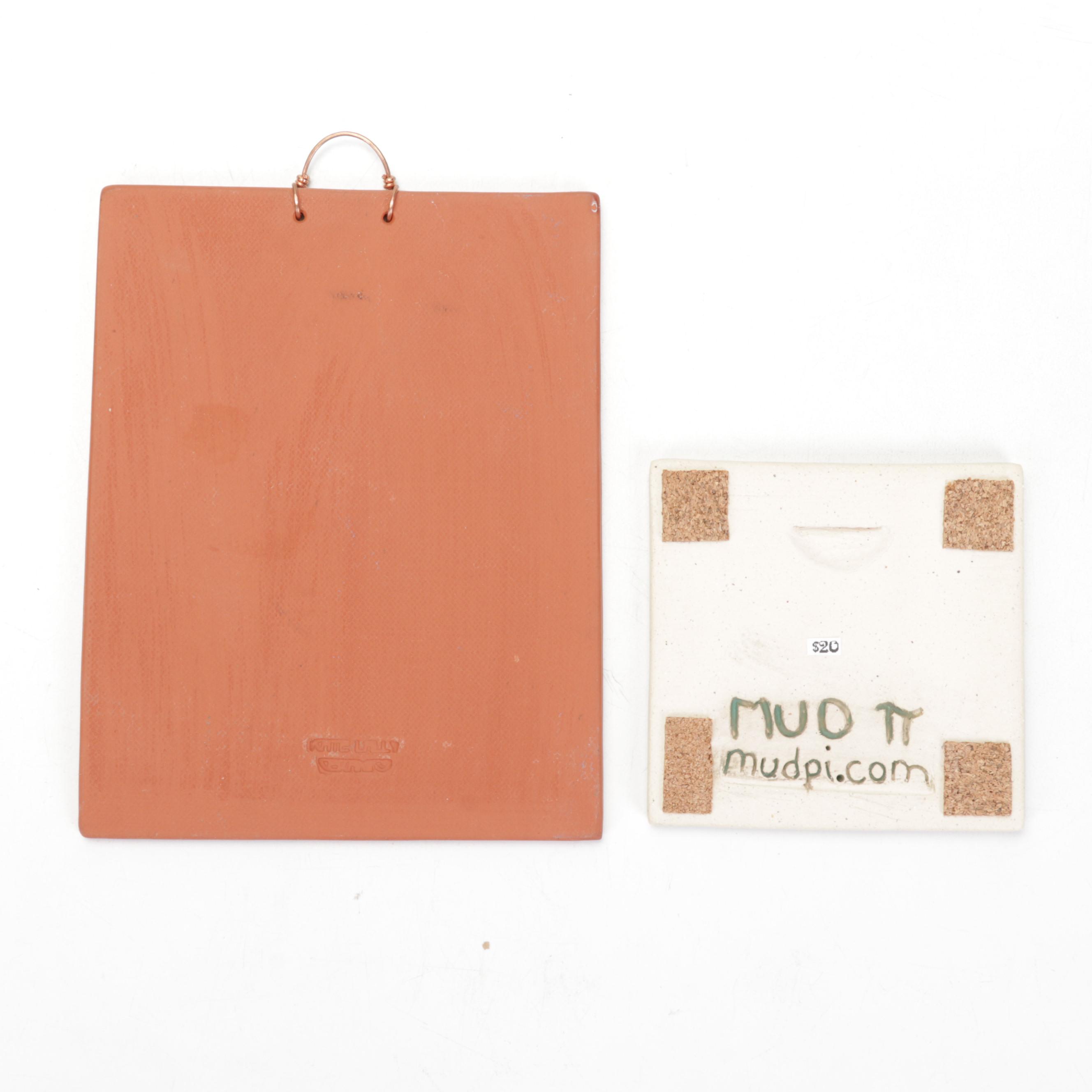 Cat and Botanical Themed Glazed Earthenware Tiles Including Mudpi and Kate Lally