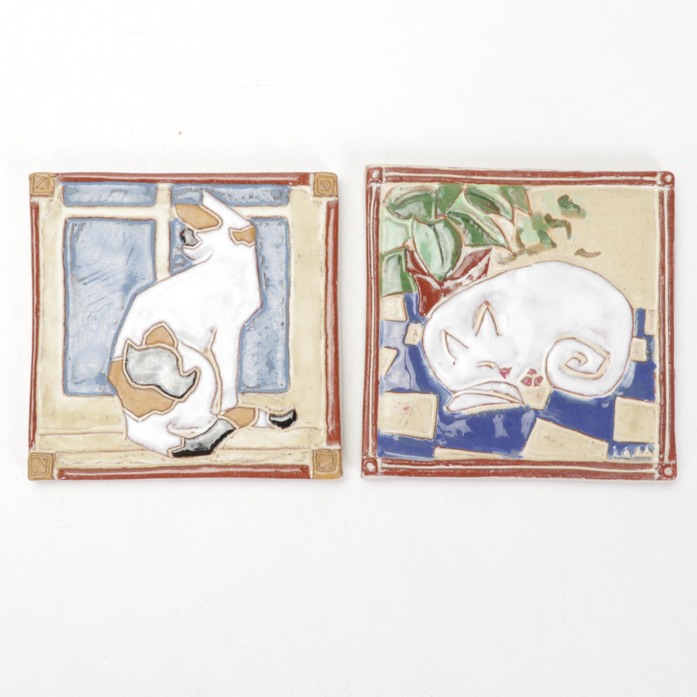 Cat and Botanical Themed Glazed Earthenware Tiles Including Mudpi and Kate Lally