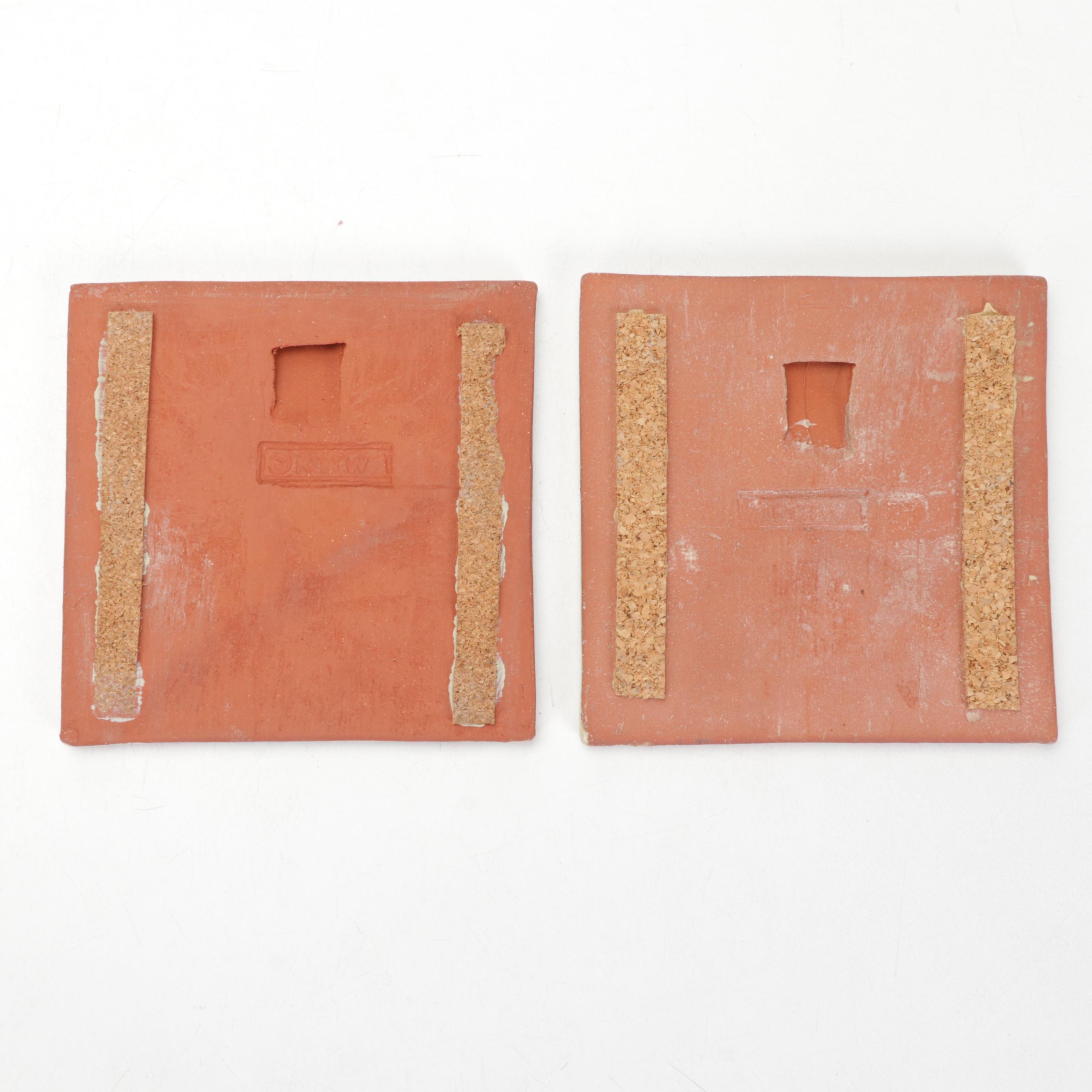 Cat and Botanical Themed Glazed Earthenware Tiles Including Mudpi and Kate Lally