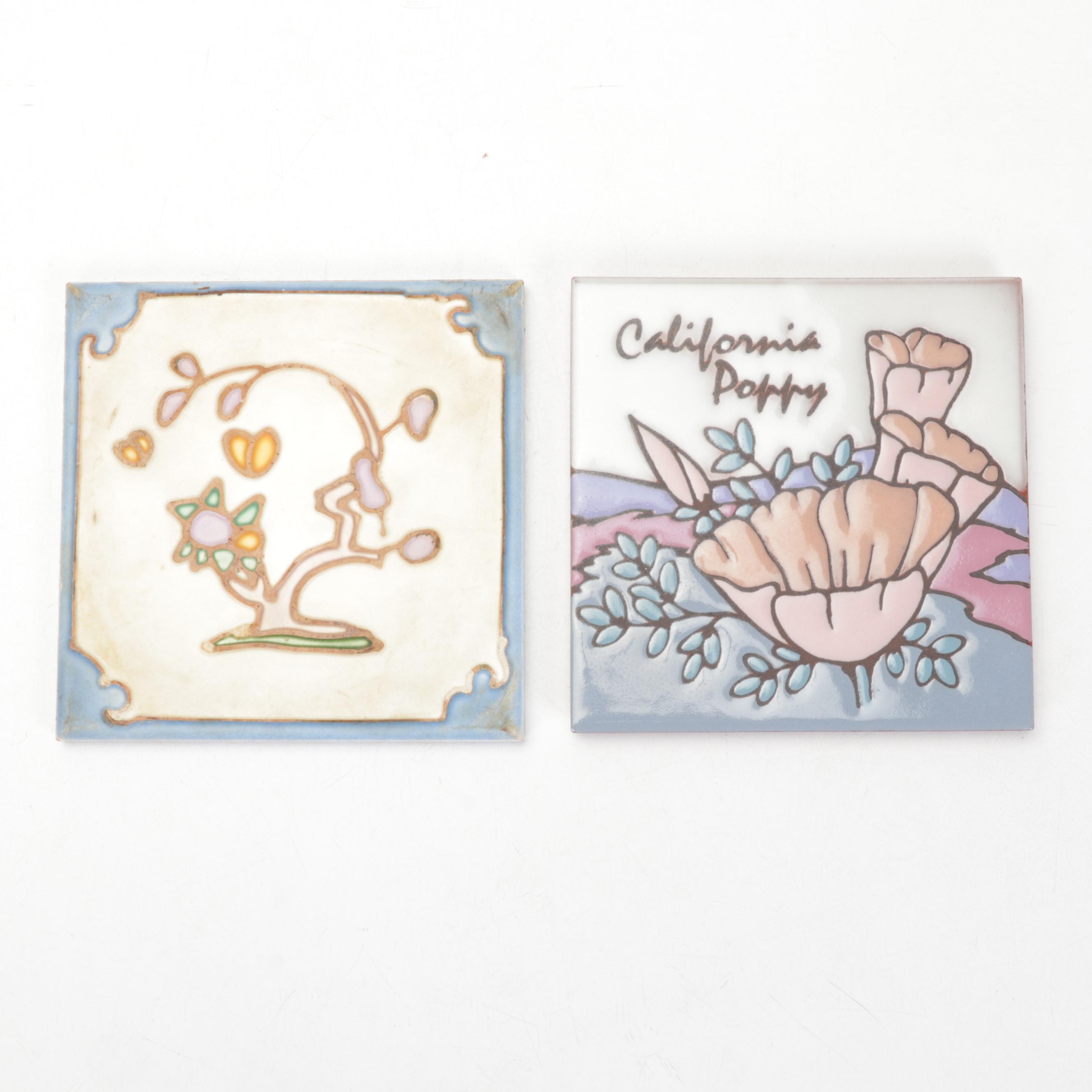 Cat and Botanical Themed Glazed Earthenware Tiles Including Mudpi and Kate Lally