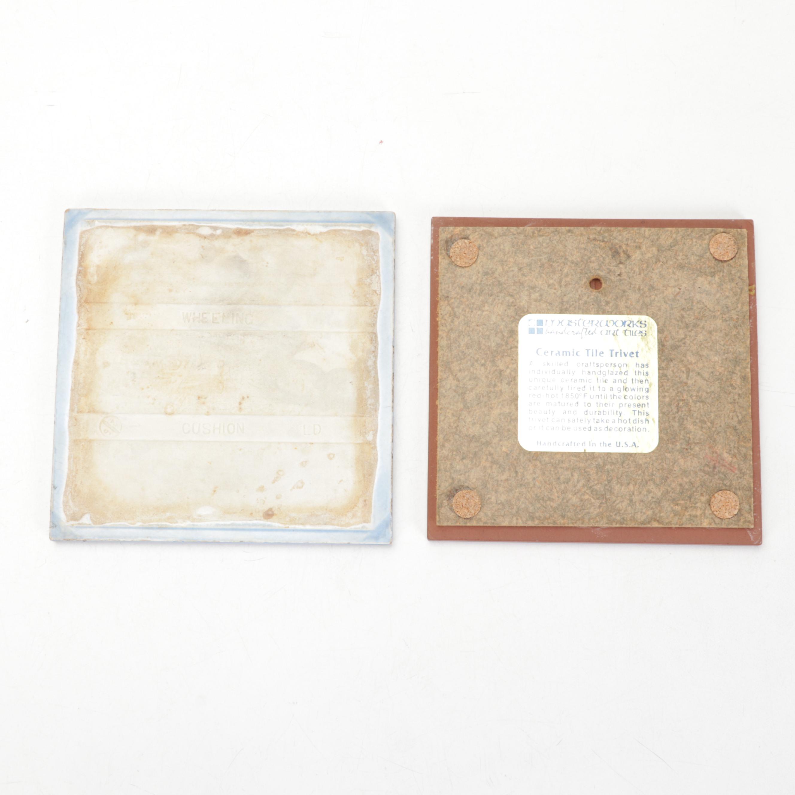 Cat and Botanical Themed Glazed Earthenware Tiles Including Mudpi and Kate Lally