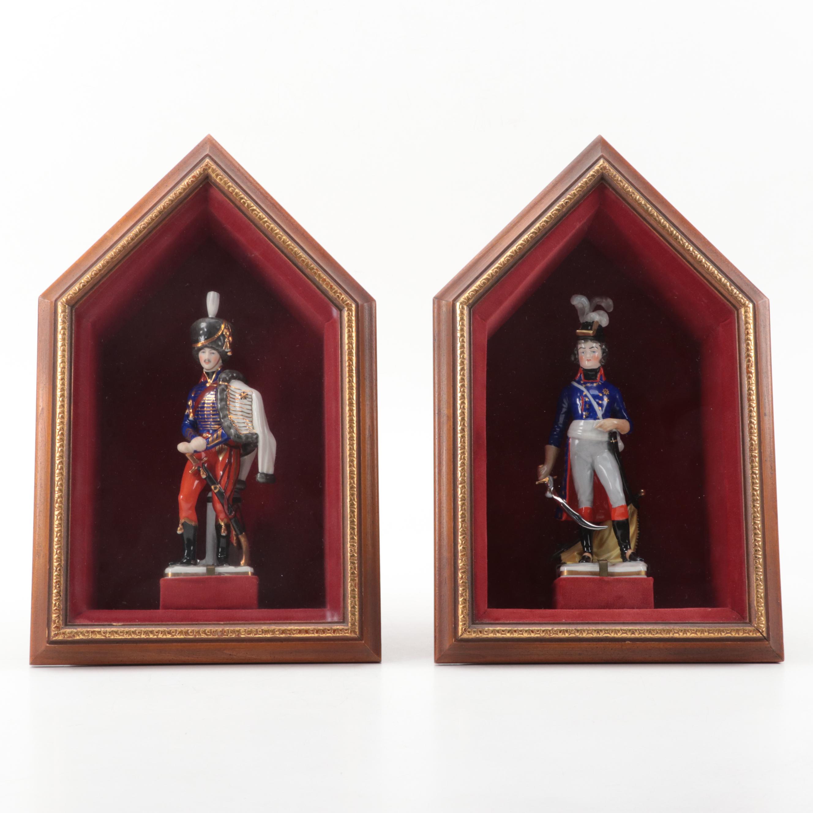 F. Wessel Porcelain Military Figurines in Wall Hanging Shadow Boxes