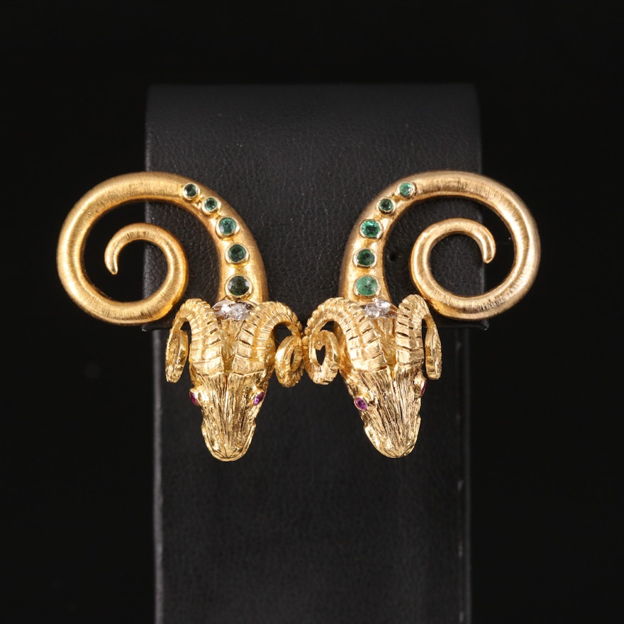 Ilias Lalaounis 18K Emerald, Ruby and Diamond Ram Head Earrings