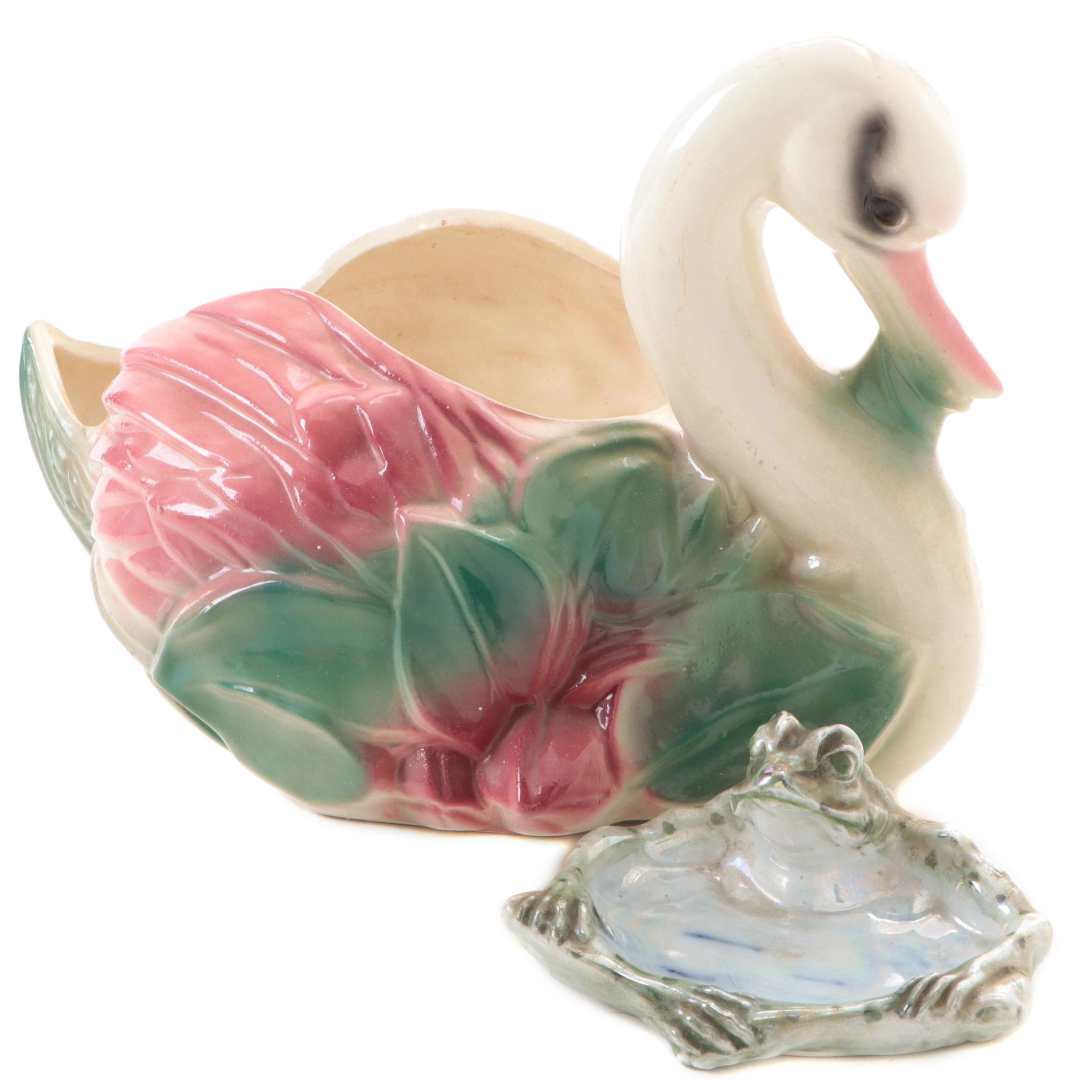 Ungemach Pottery Swan Planter and Ceramic Frog Dish