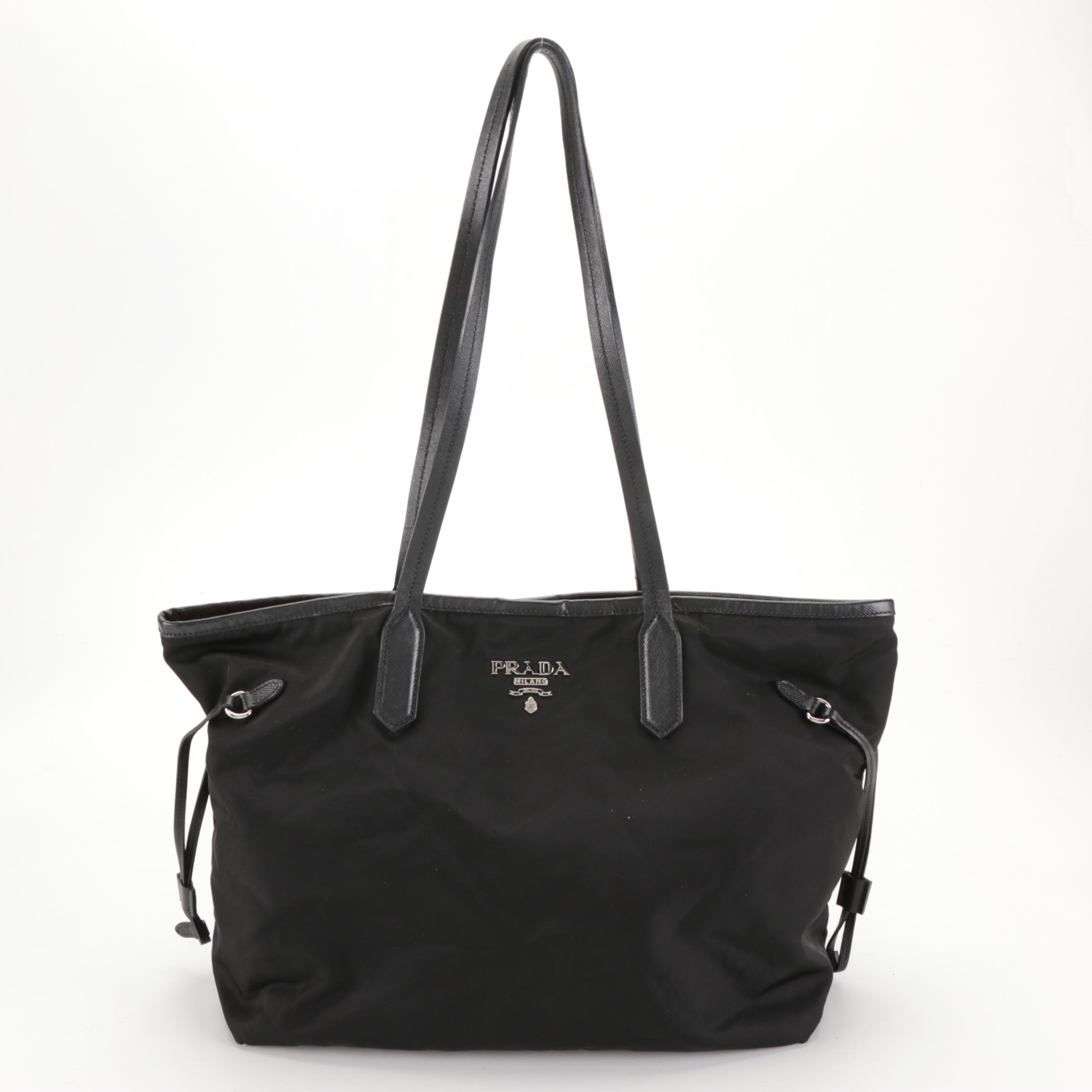 Prada Shoulder Tote Bag in Black Nylon Gabardine and Saffiano Leather