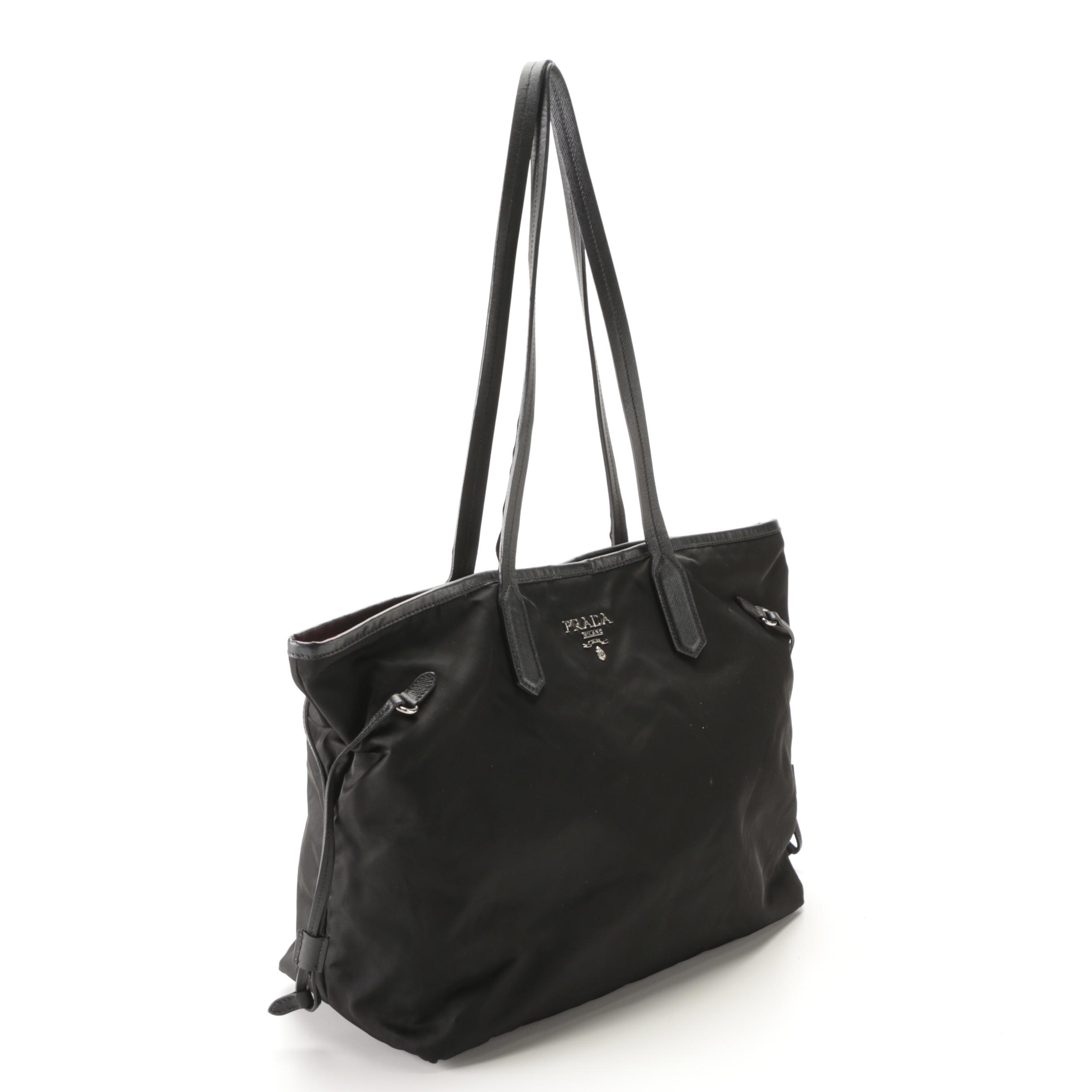 Prada Shoulder Tote Bag in Black Nylon Gabardine and Saffiano Leather