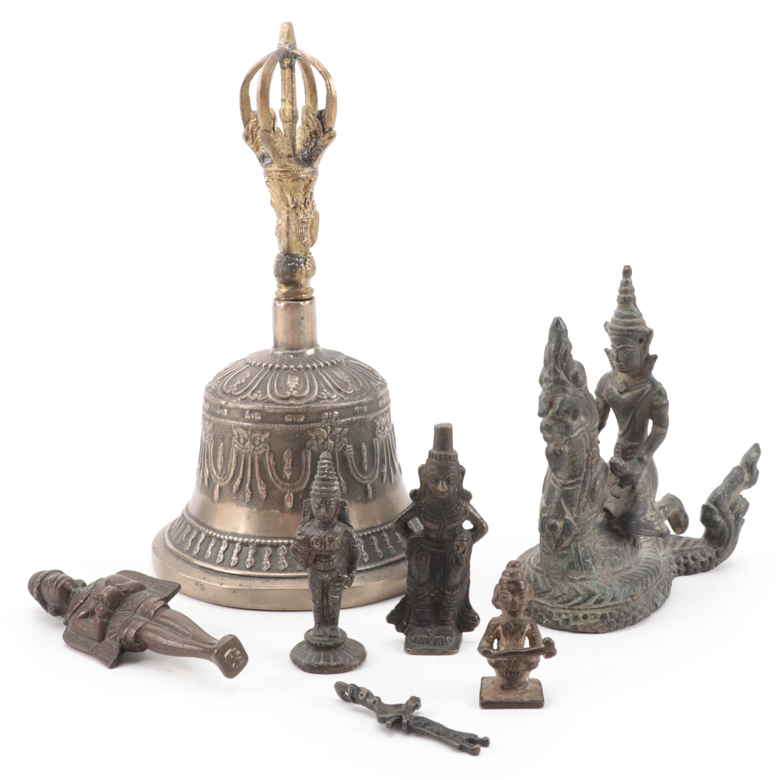 Tibetan Brass Hand Bell with Southeast Asian Figures