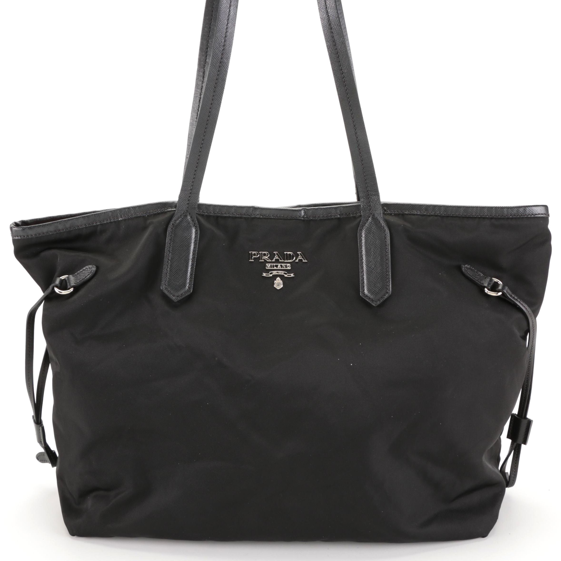 Prada Shoulder Tote Bag in Black Nylon Gabardine and Saffiano Leather