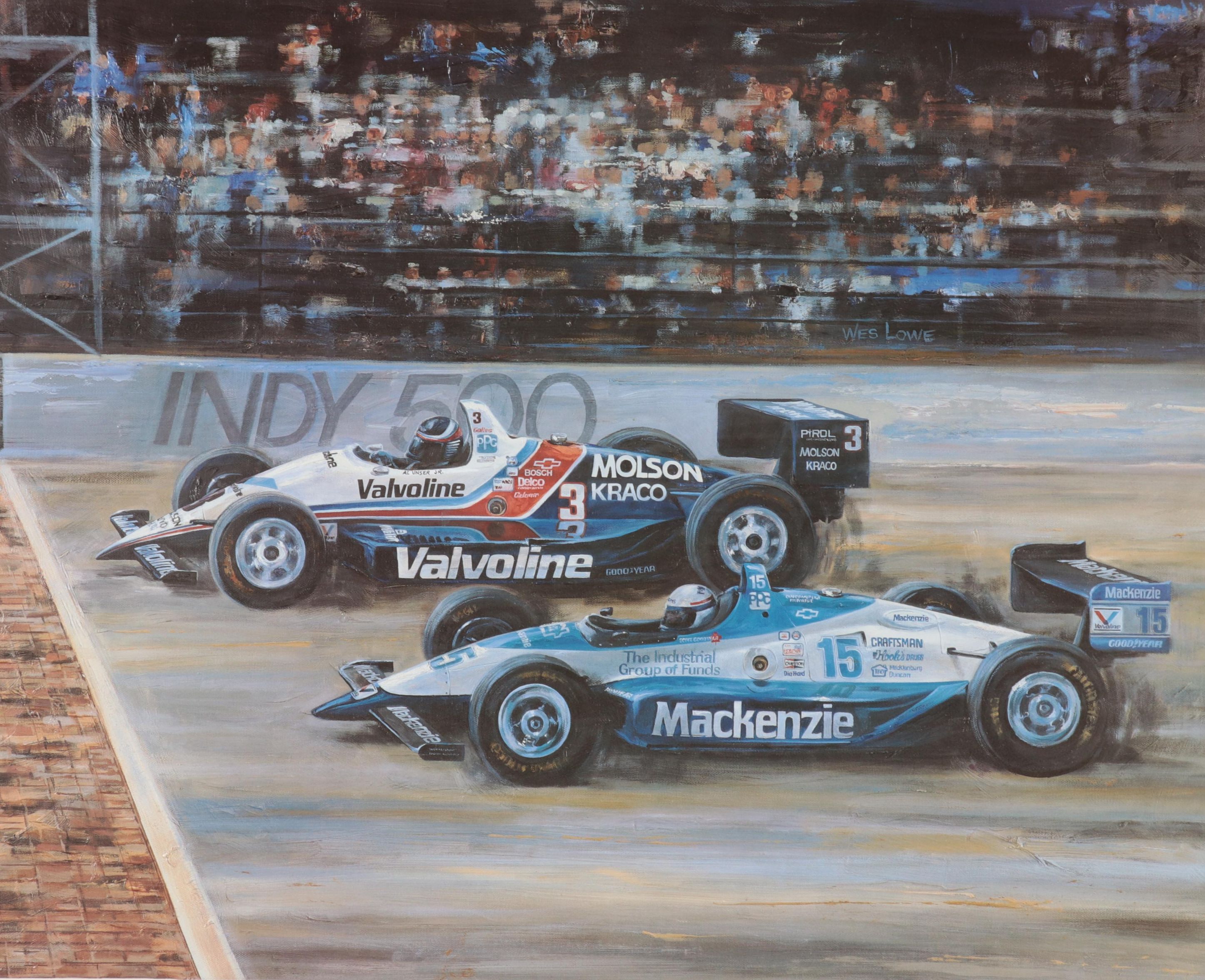 Embellished Offset Lithograph of Al Unser Jr and Scott Goodyear Indy 500 Race