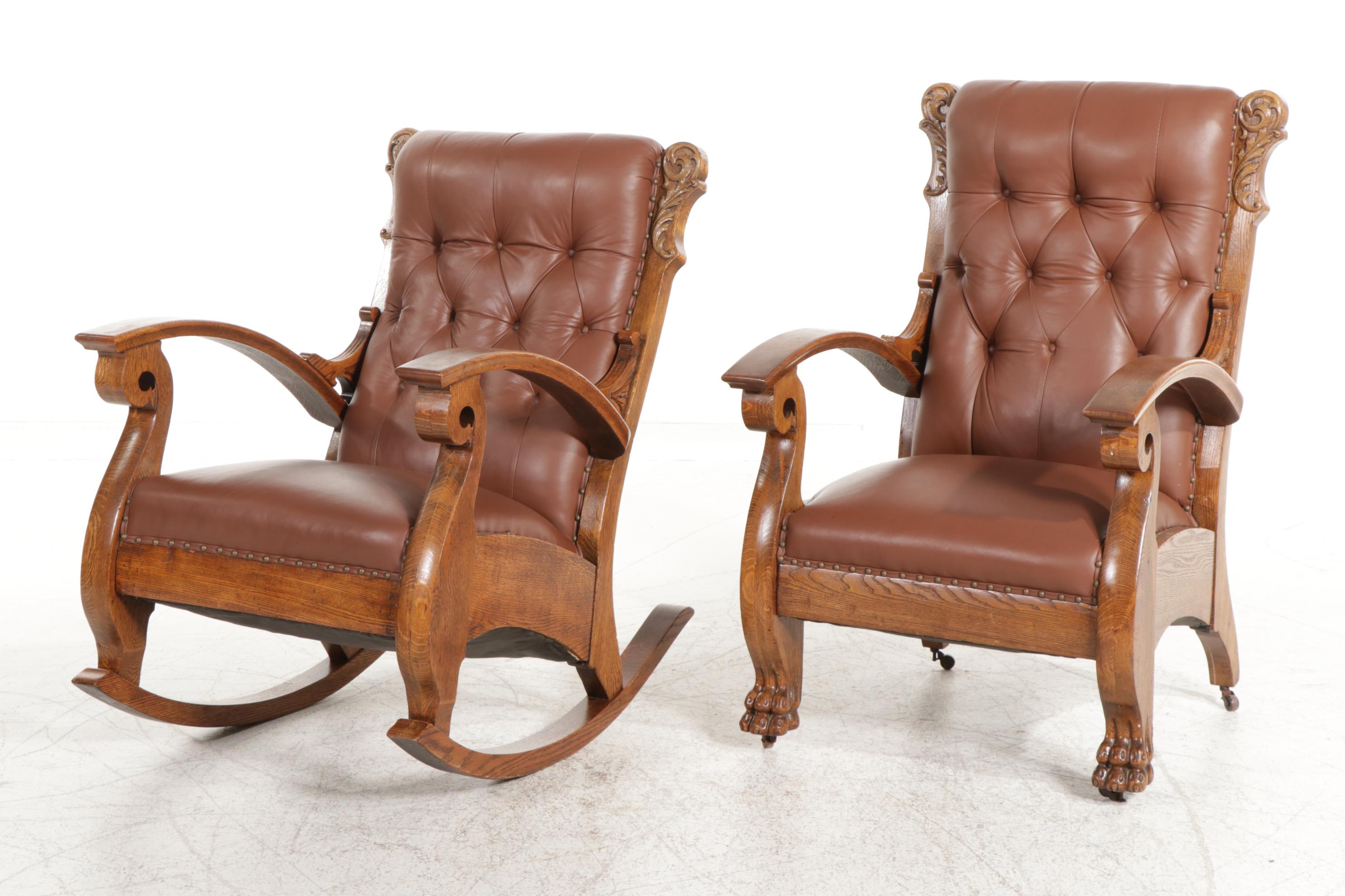 Empire Revival Oak Rocker and Easy Chair in Spinneybeck Leather Upholstery