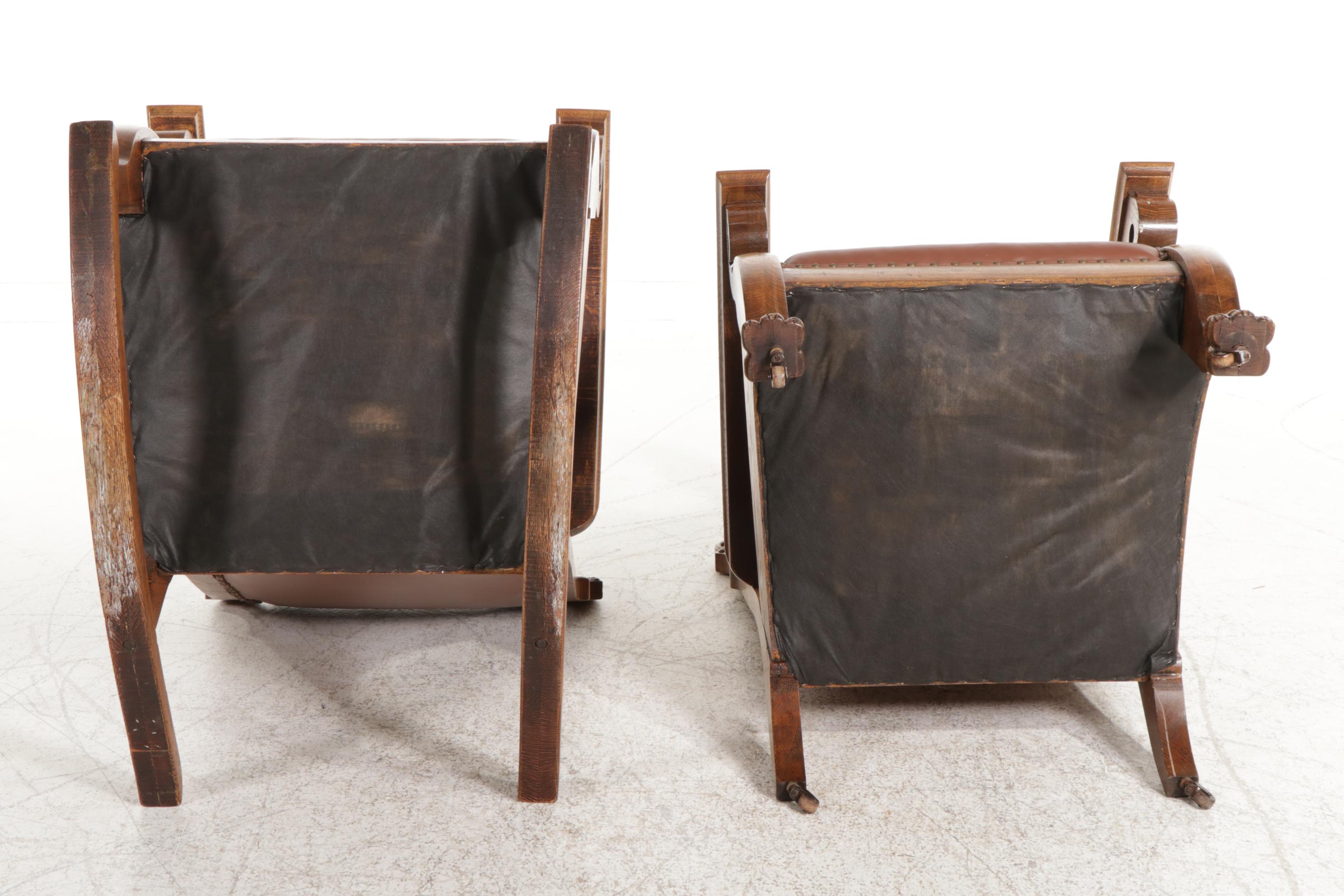 Empire Revival Oak Rocker and Easy Chair in Spinneybeck Leather Upholstery