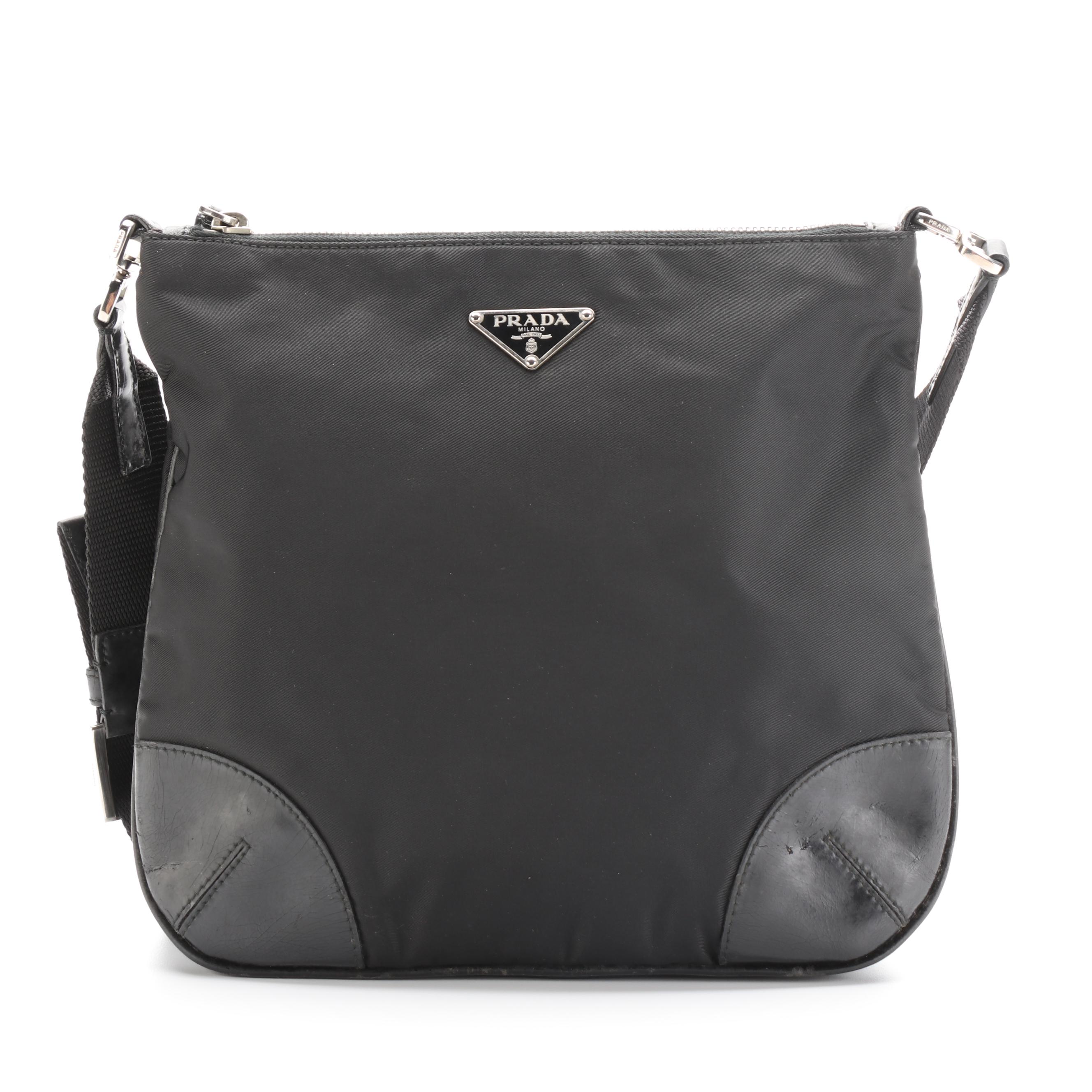 Prada Crossbody Bag in Black Nylon and Patent Leather Trim
