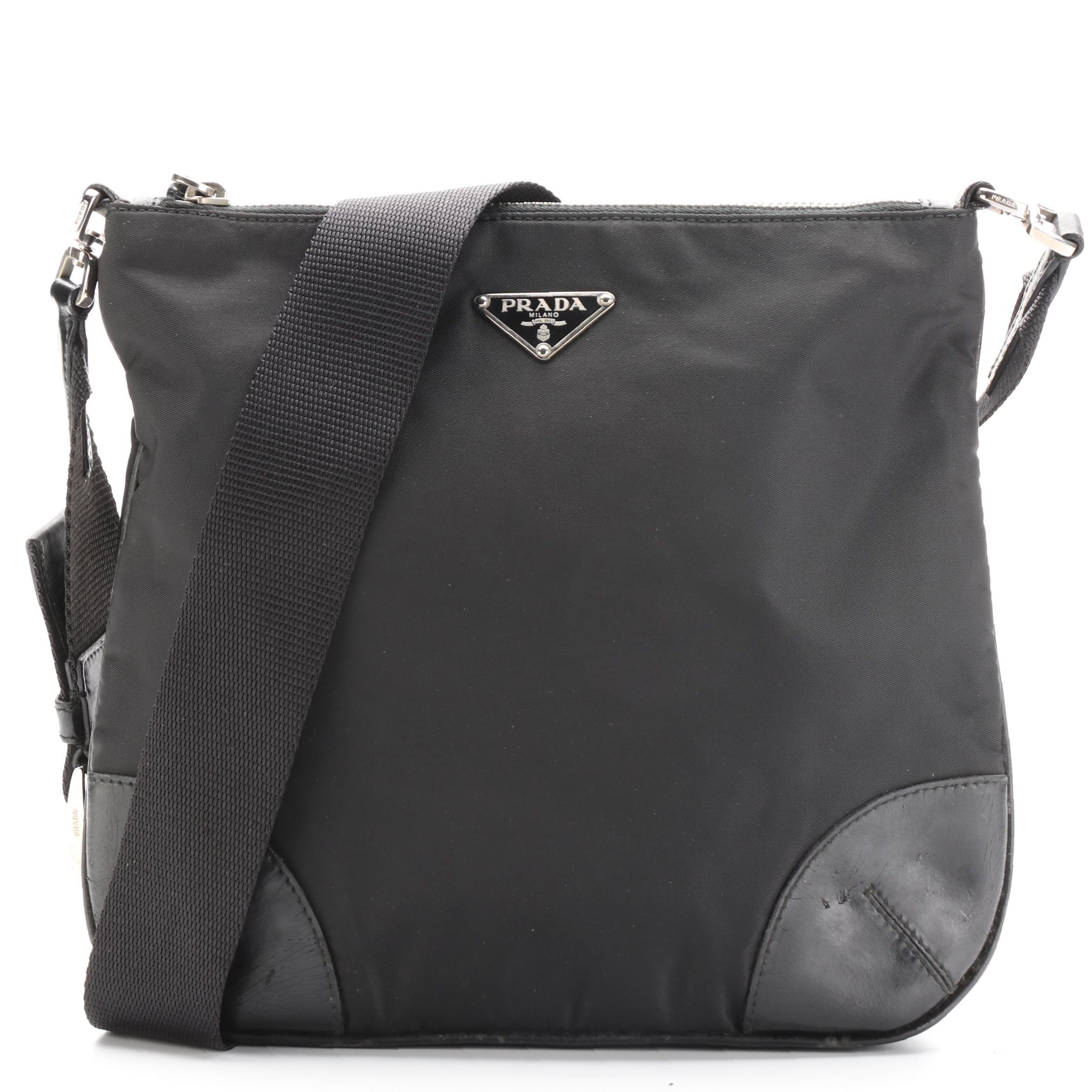 Prada Crossbody Bag in Black Nylon and Patent Leather Trim