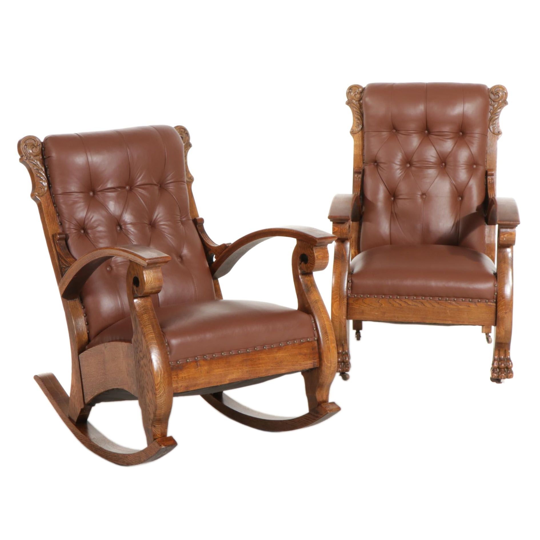 Empire Revival Oak Rocker and Easy Chair in Spinneybeck Leather Upholstery
