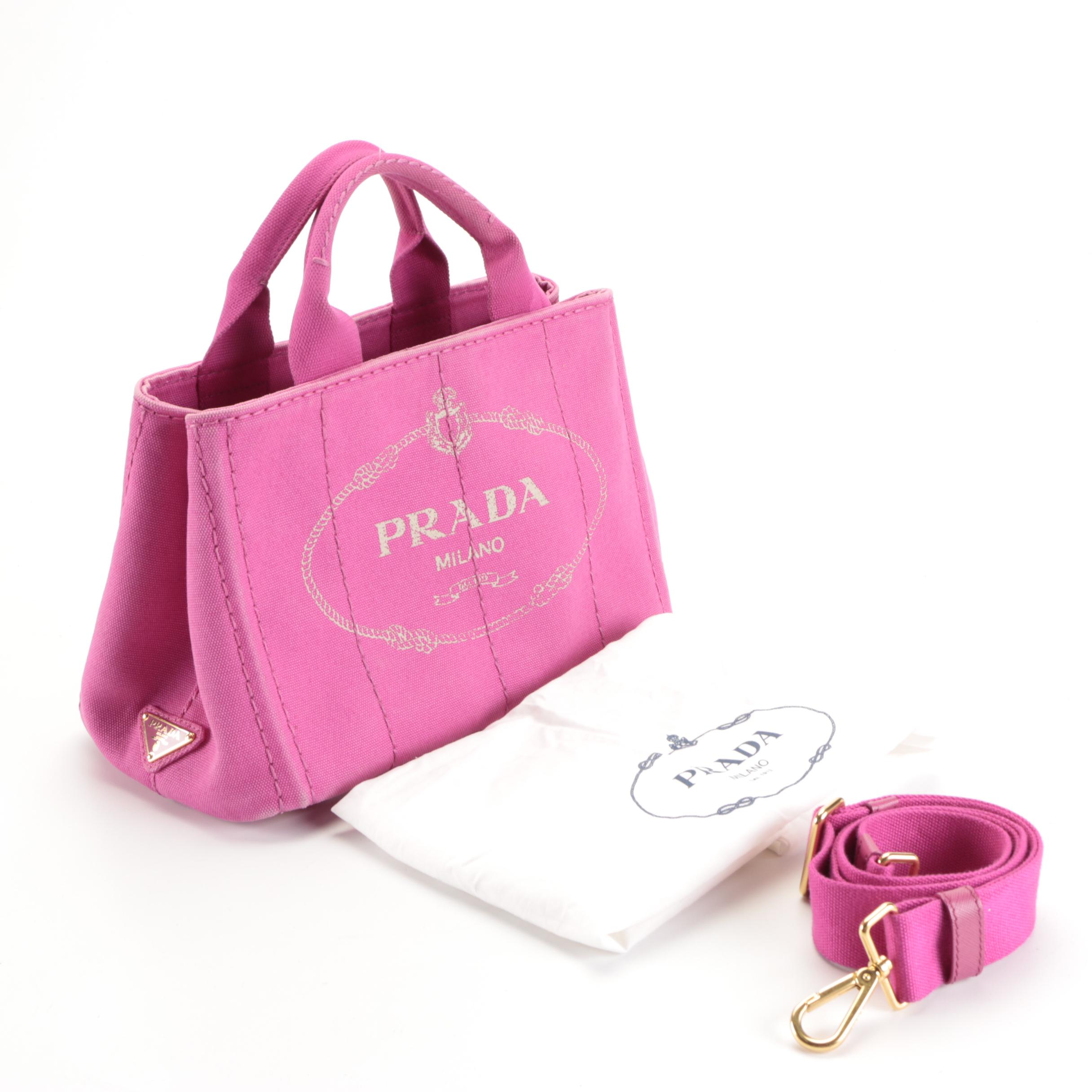 Prada Small Cotton Canapa Canvas Tote with Shoulder Strap in Pink