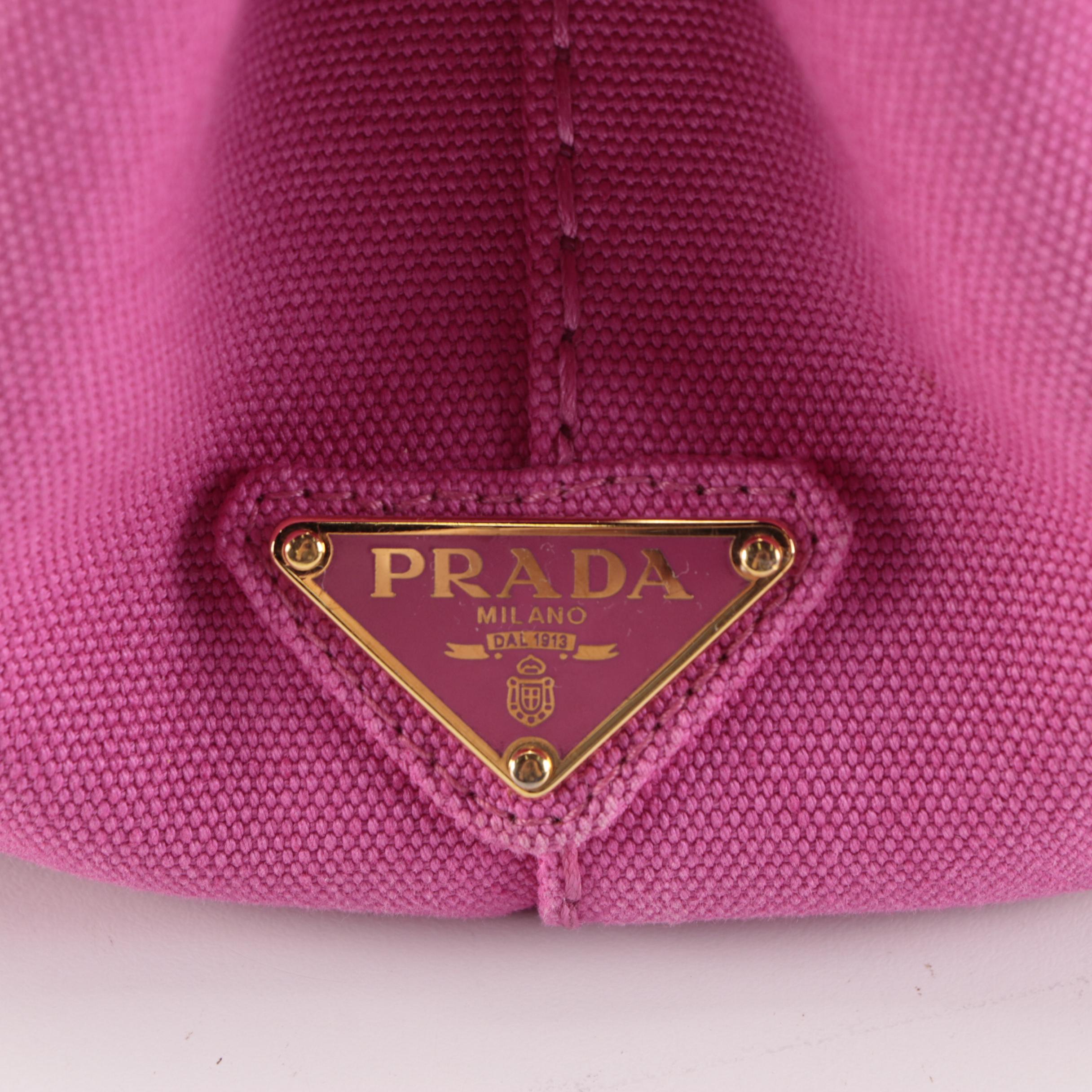 Prada Small Cotton Canapa Canvas Tote with Shoulder Strap in Pink