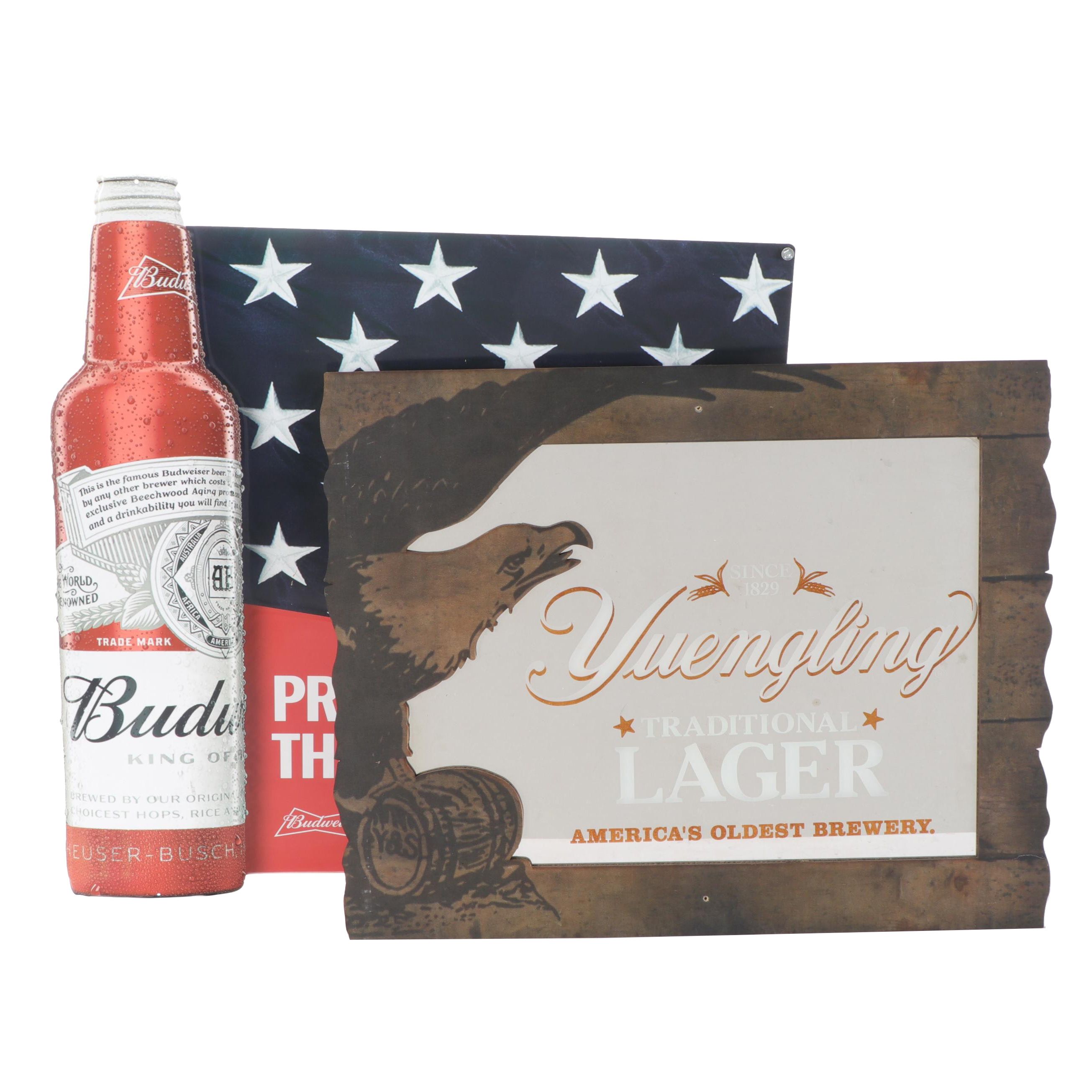 Yuengling Wood Framed Eagle Bar Mirror and Budweiser Armed Forces Beer Signs