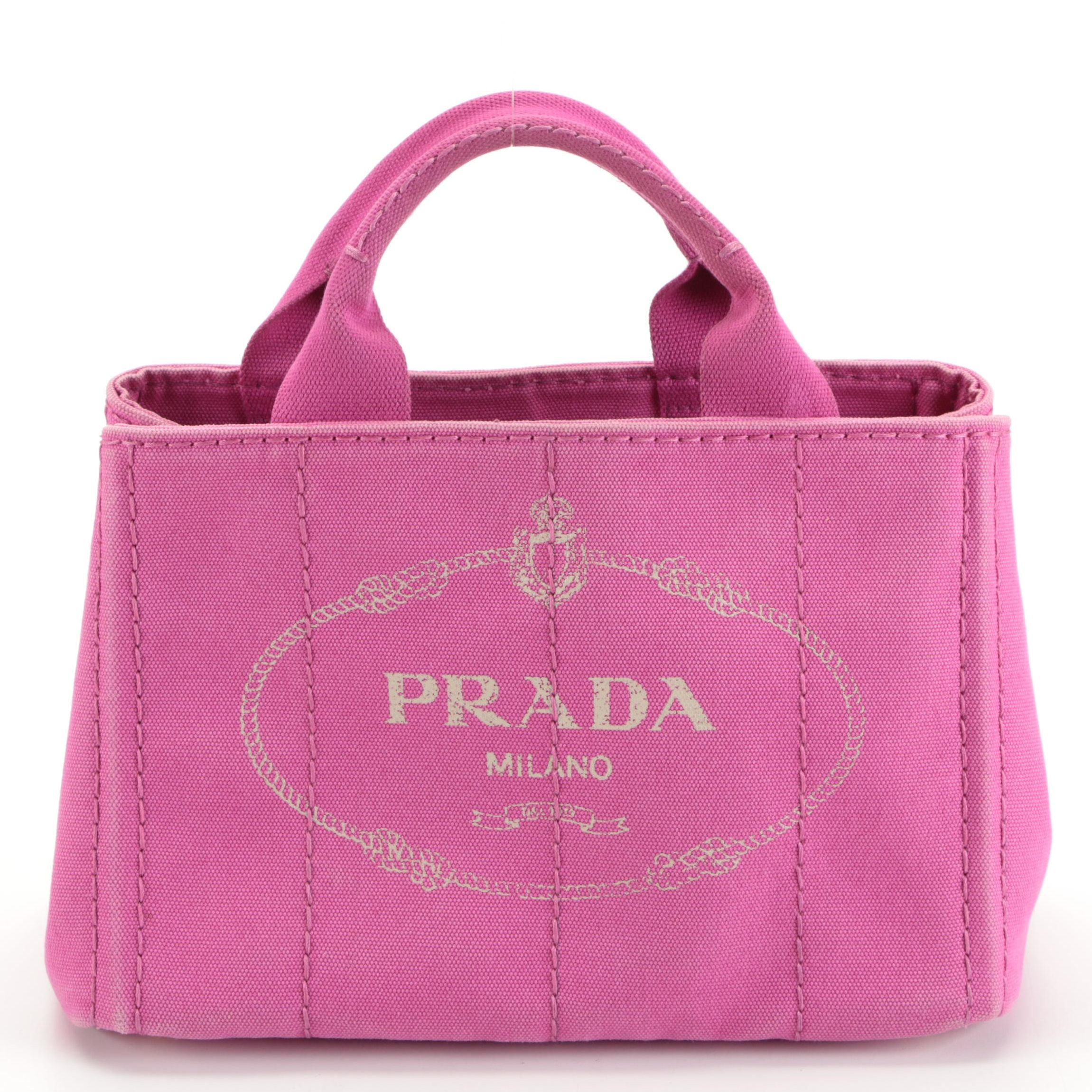 Prada Small Cotton Canapa Canvas Tote with Shoulder Strap in Pink