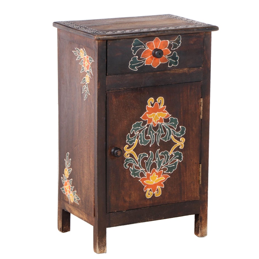 Asian Polychrome-Decorated Hardwood Side Cabinet