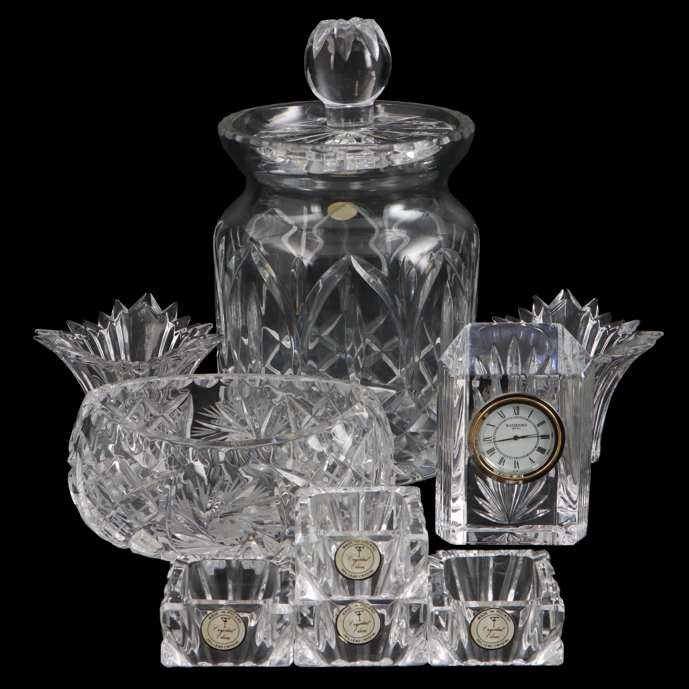 Crystal Clear "Astor" Biscuit Barrel and Napkin Rings with Other Crystal Décor