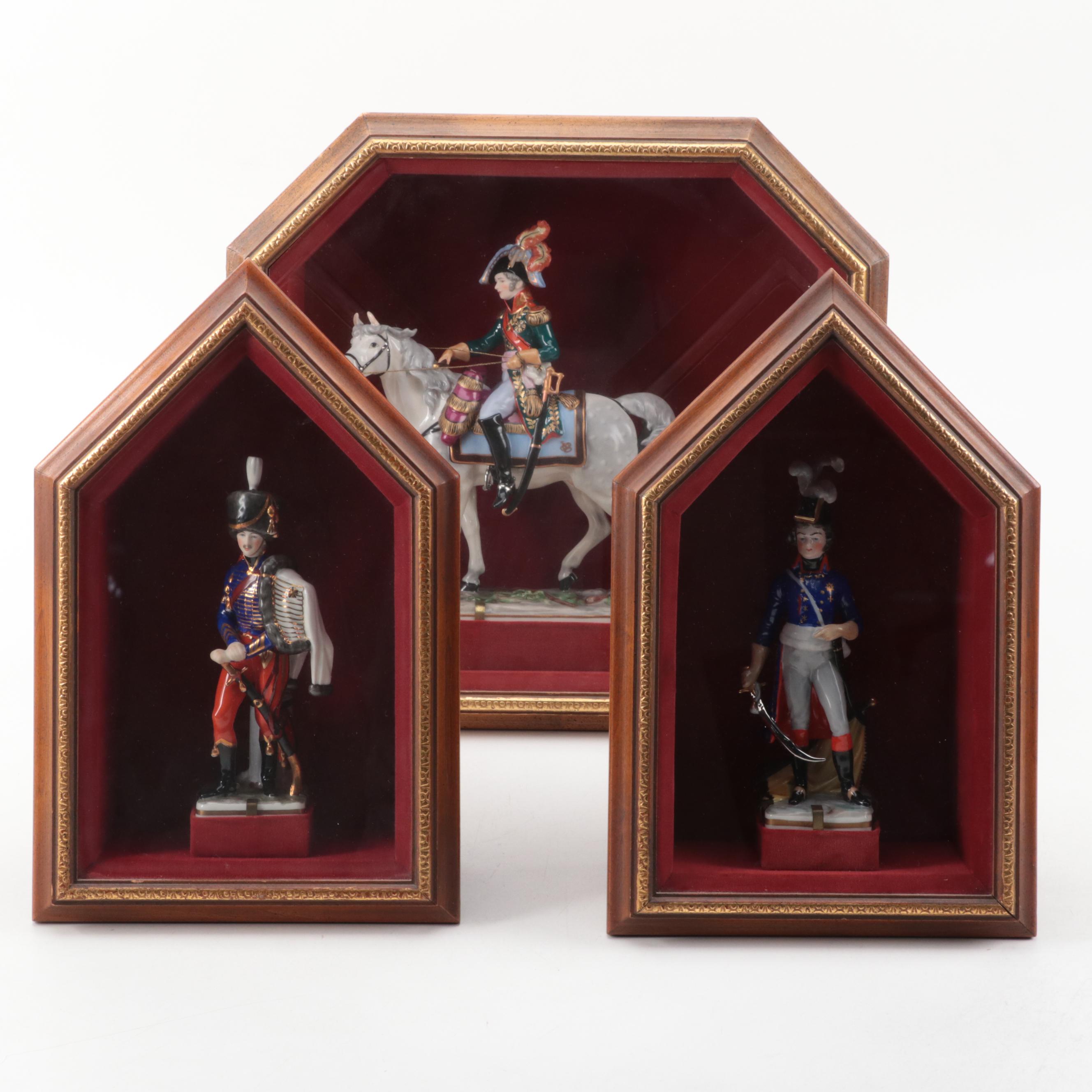 F. Wessel Porcelain Military Figurines in Wall Hanging Shadow Boxes