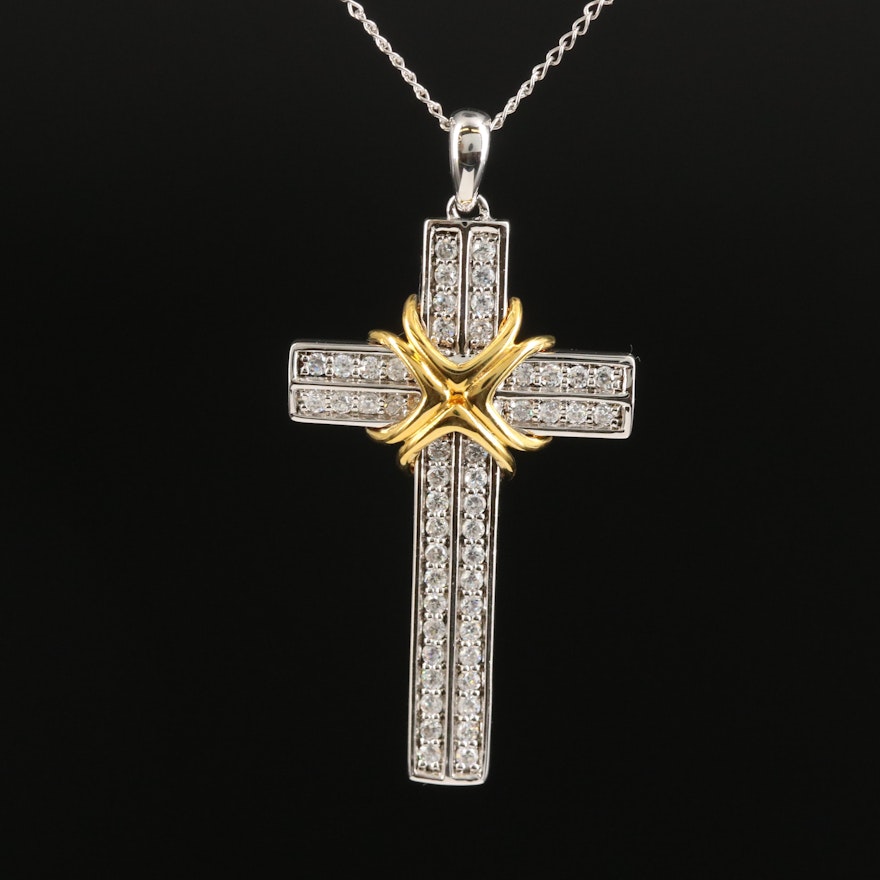 Sterling Cubic Zirconia Cross Pendant on Gold-Filled Chain Necklace