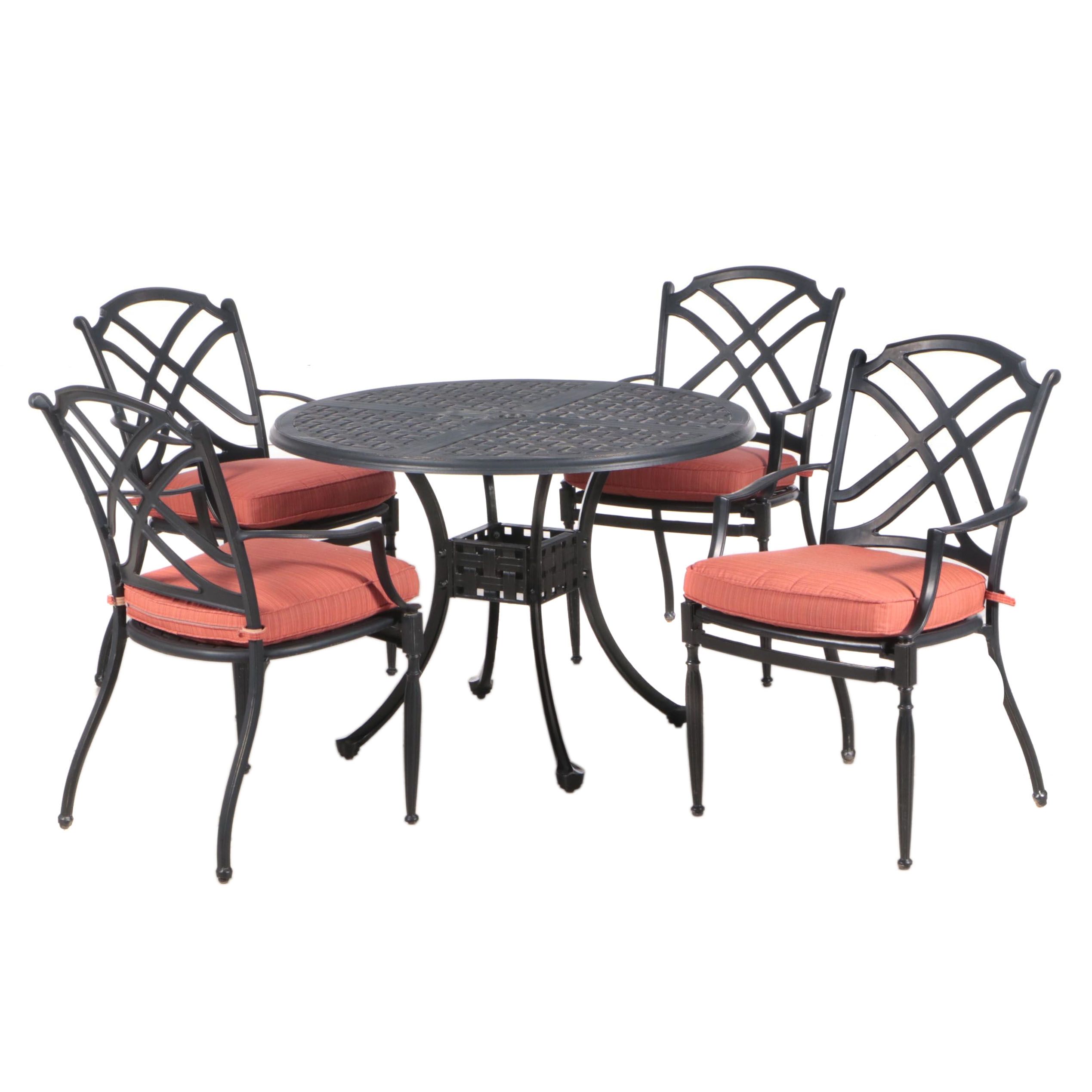 Cast Aluminum Patio Table and Four Armchairs with Seat Cushions