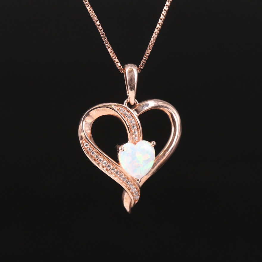 Sterling Opal and Cubic Zirconia Heart Pendant Necklace