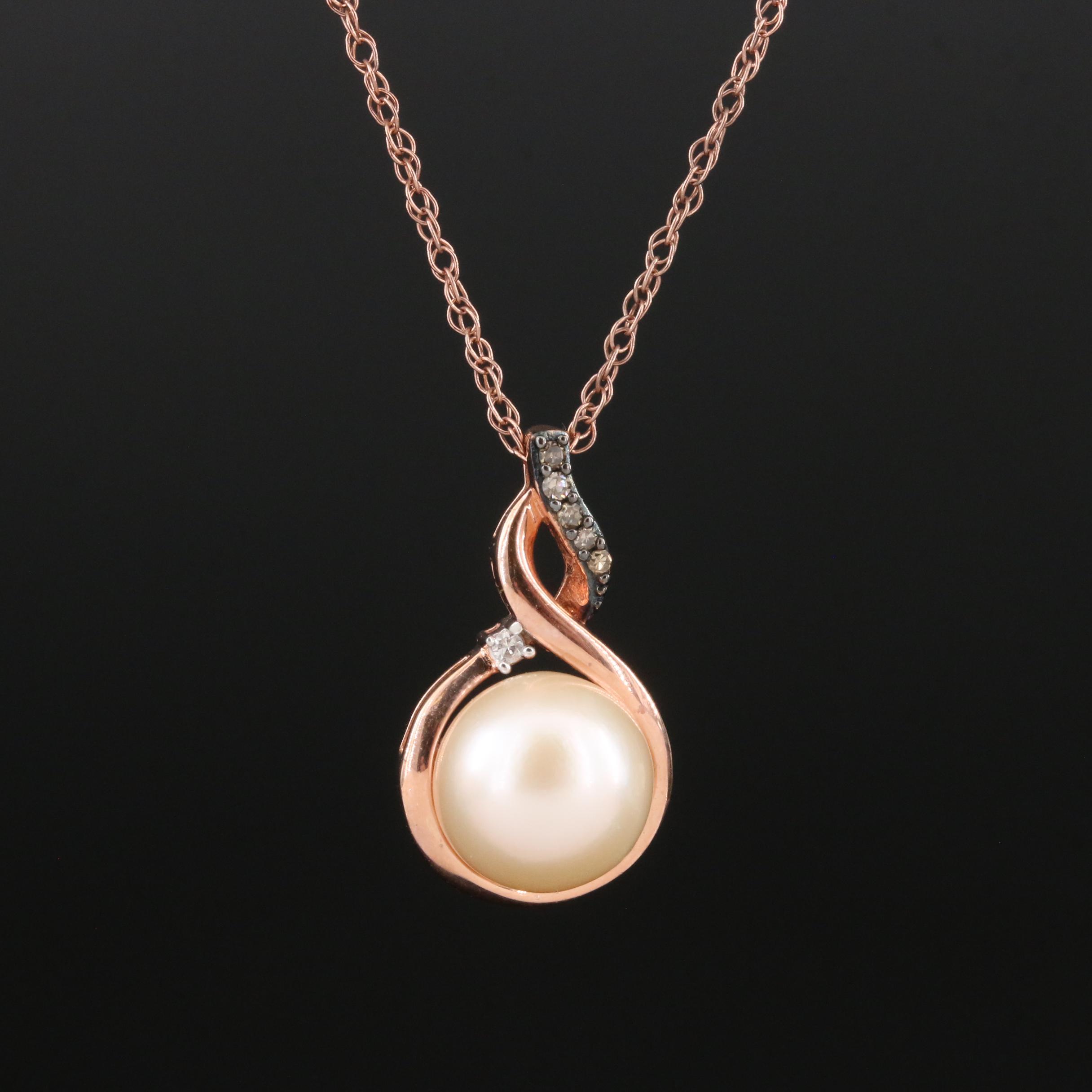 Sterling Pearl and Diamond Pendant Necklace