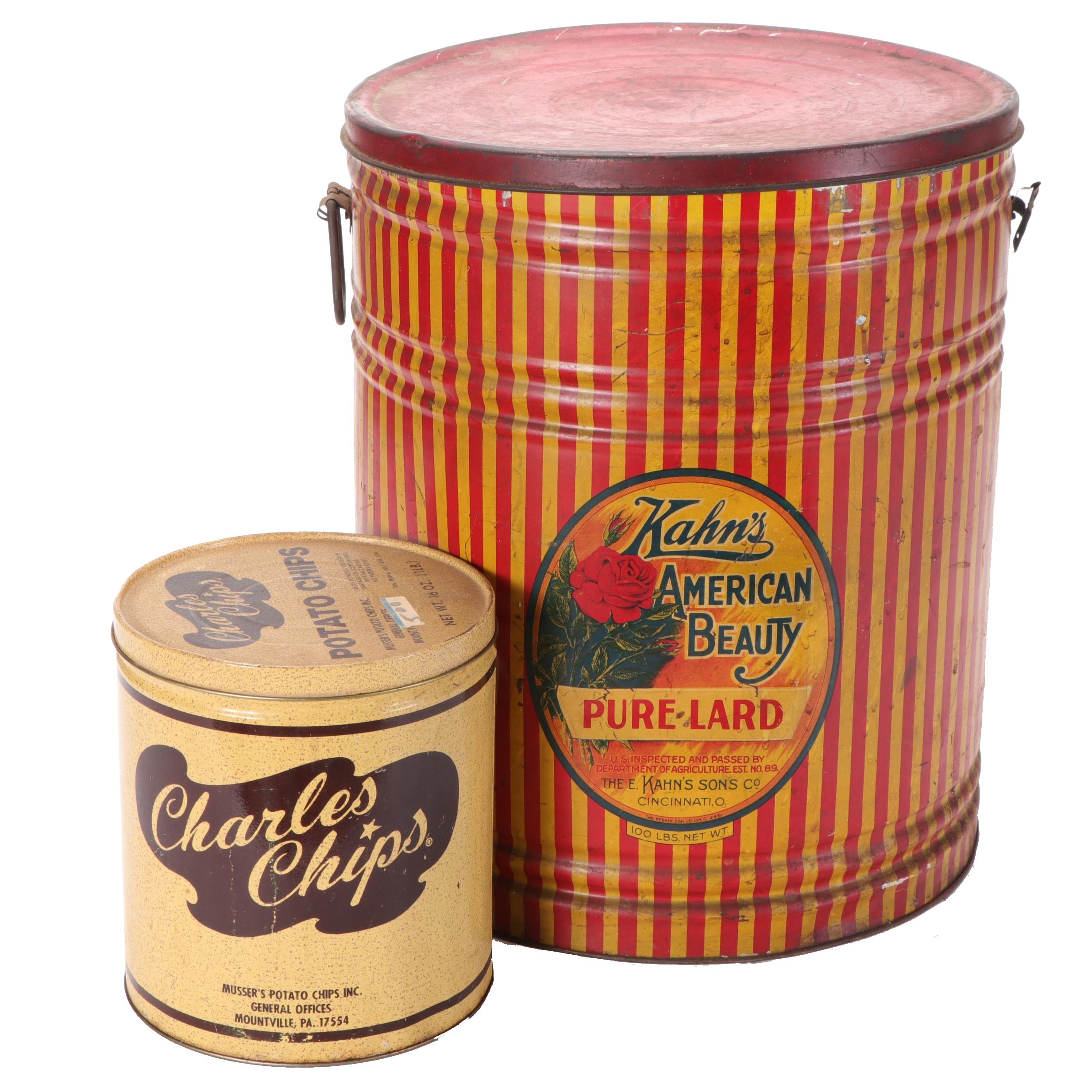 Kahn's American Beauty Lard and Charles Chips Tins, Early to Mid-20th Century