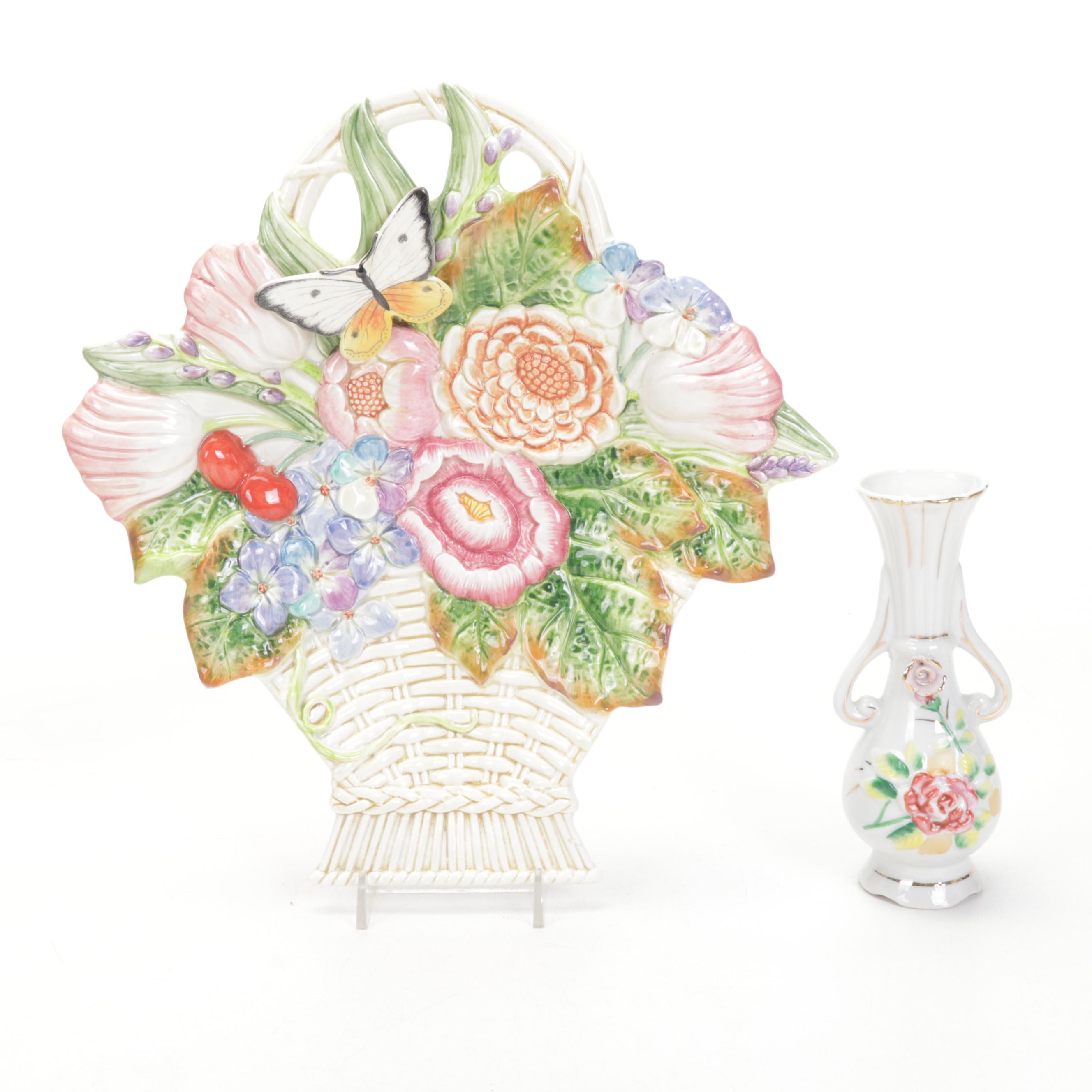 Fitz & Floyd Floral Basket Tray with Other Cat Figurines and Table Accessories