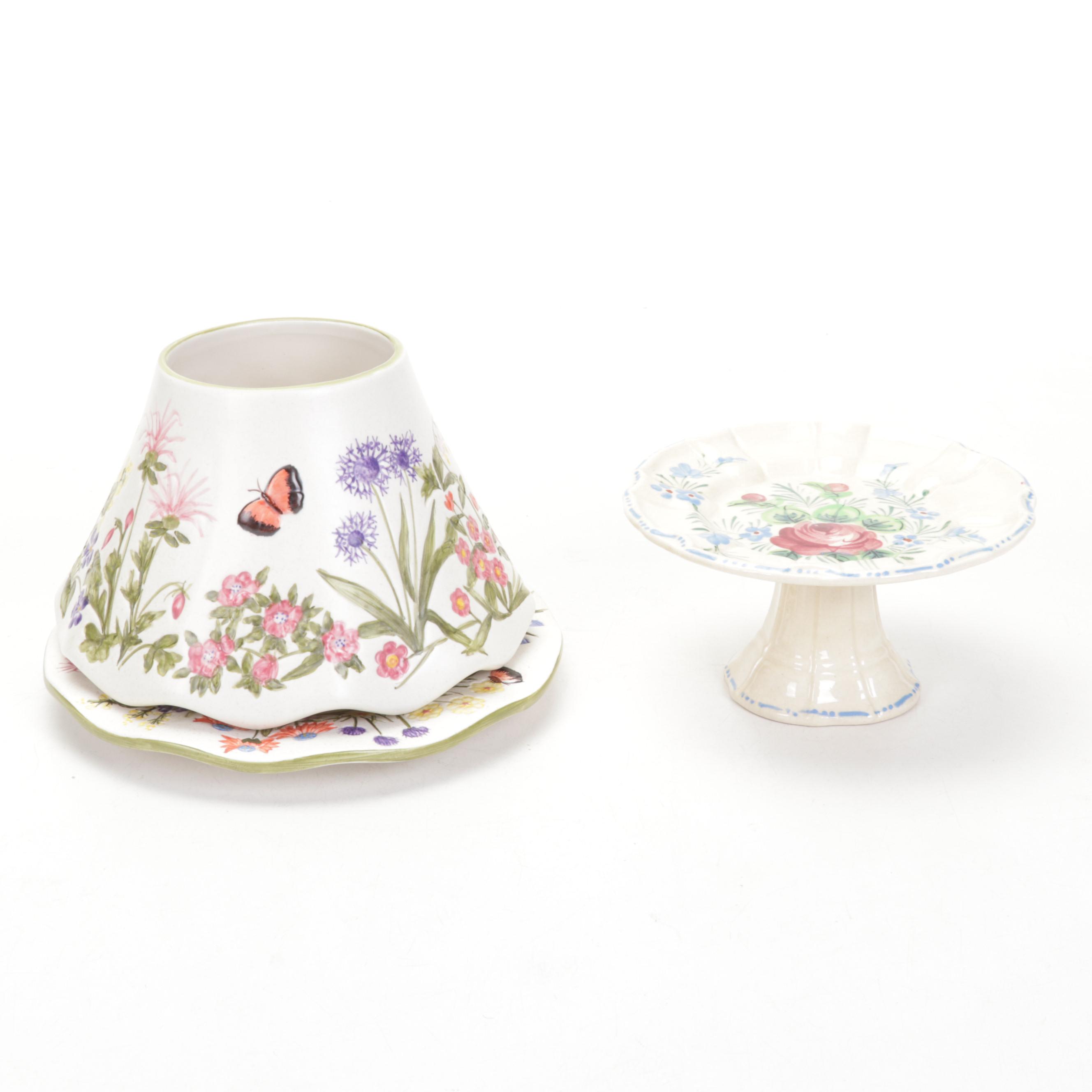 Fitz & Floyd Floral Basket Tray with Other Cat Figurines and Table Accessories