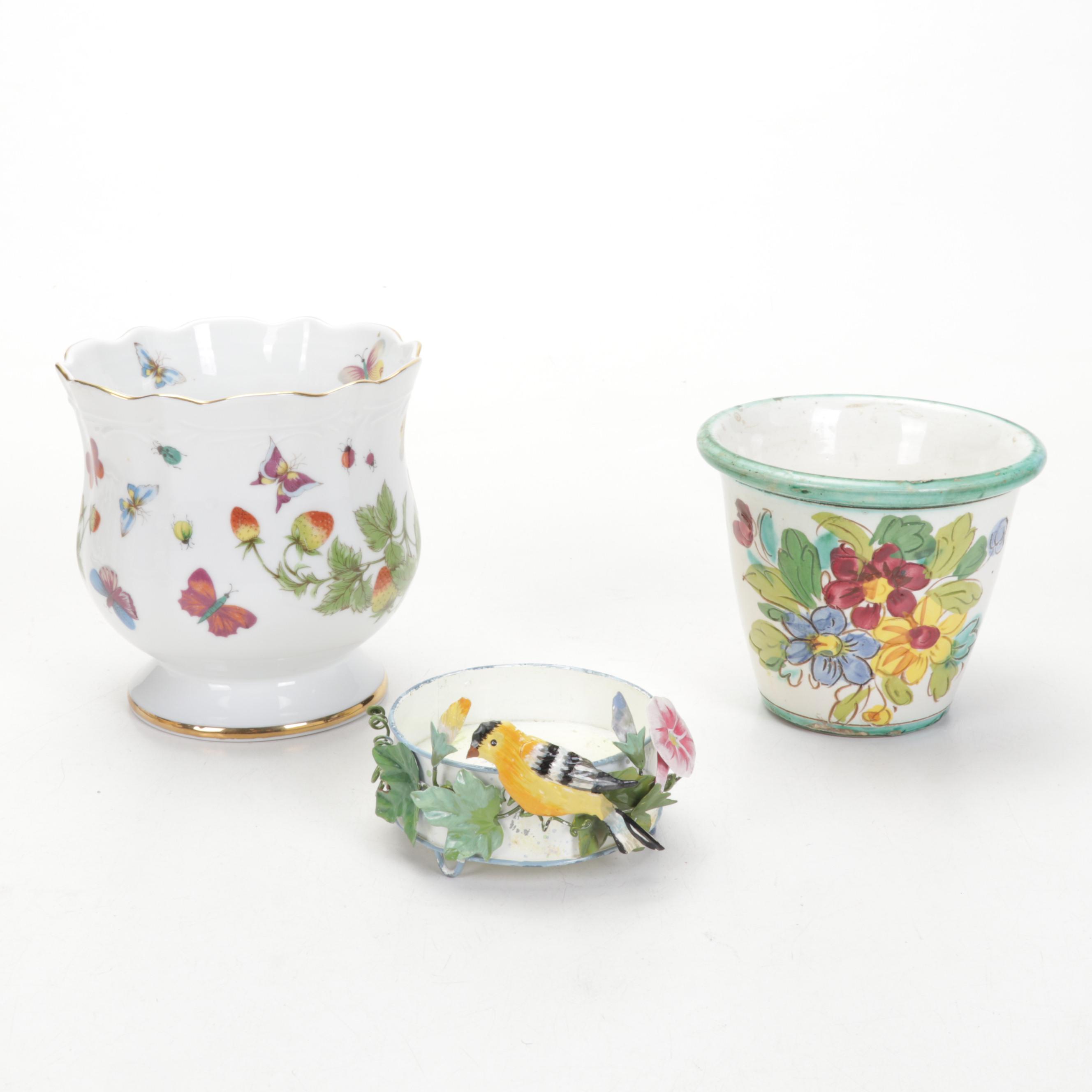 Fitz & Floyd Floral Basket Tray with Other Cat Figurines and Table Accessories