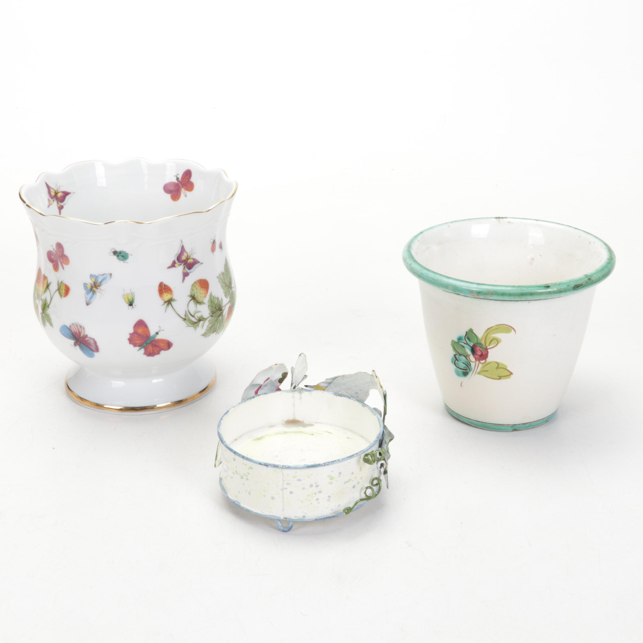 Fitz & Floyd Floral Basket Tray with Other Cat Figurines and Table Accessories