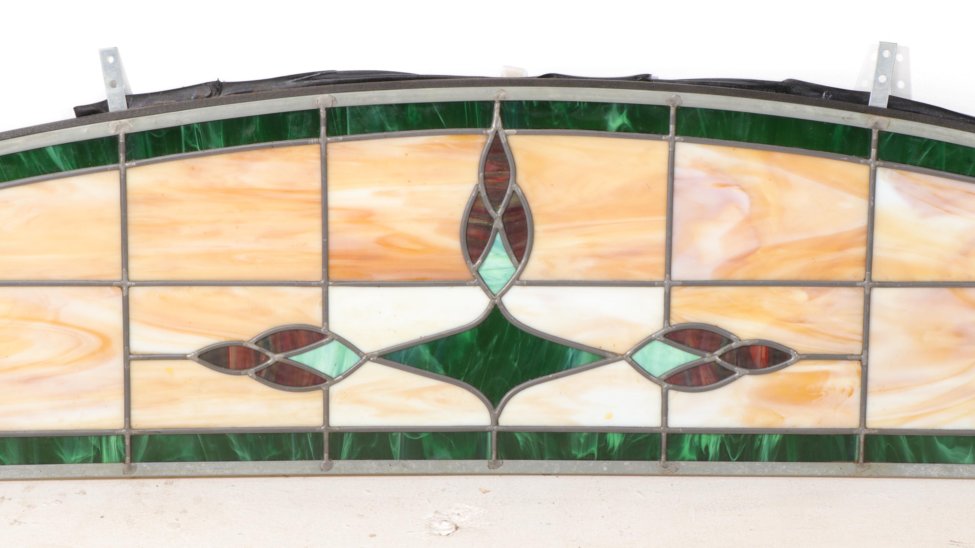 Arts & Crafts Arch Top Slag Glass Wide Transom Window Insert