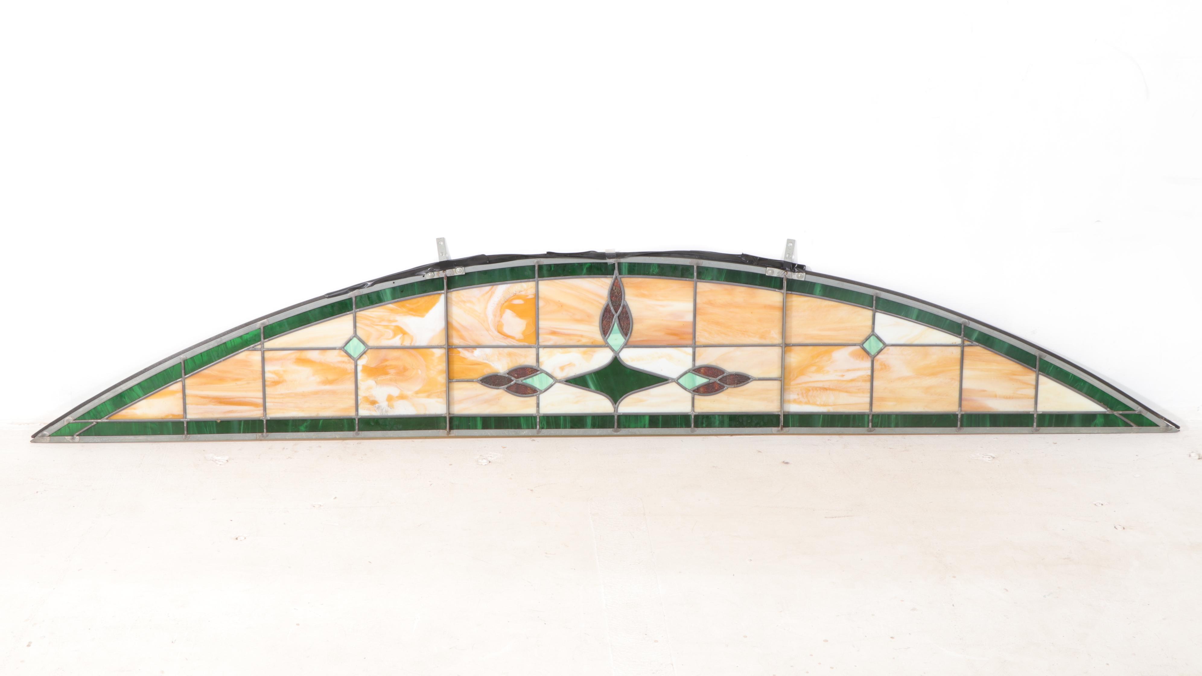 Arts & Crafts Arch Top Slag Glass Wide Transom Window Insert