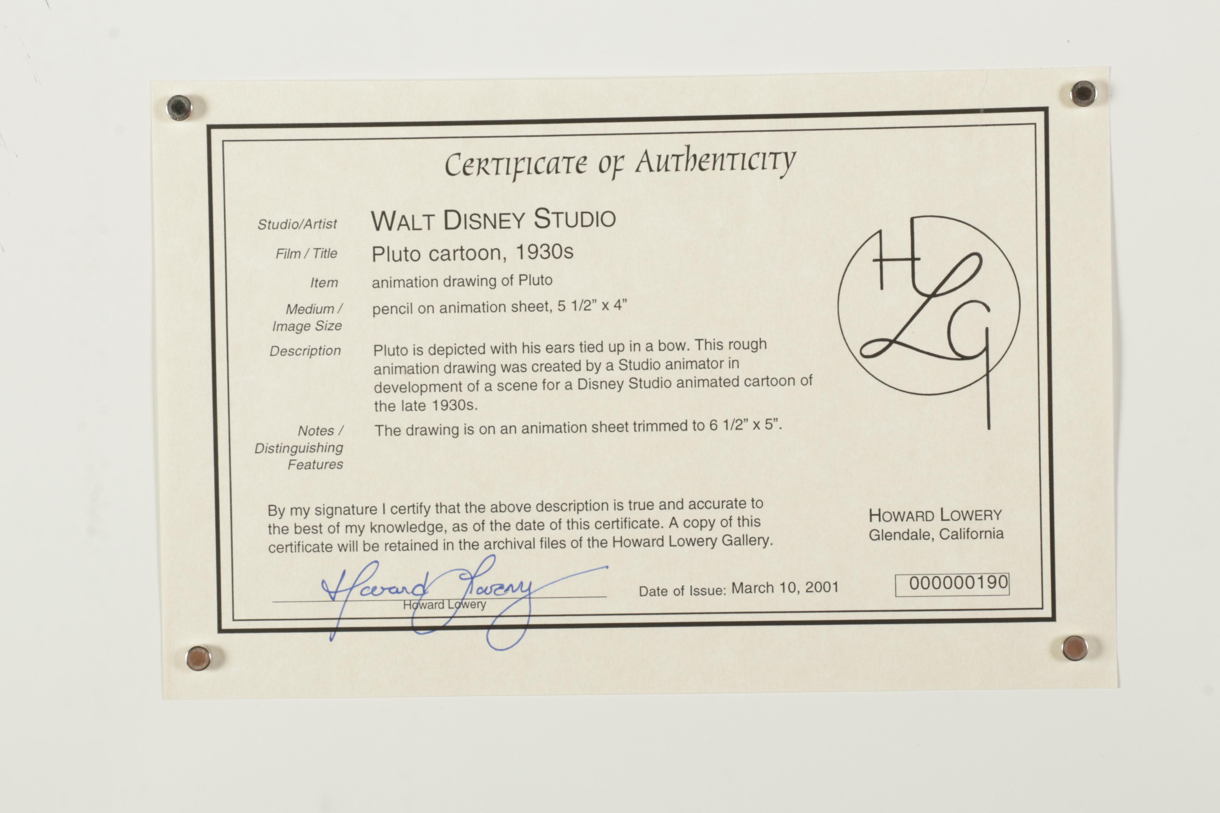 Walt Disney Studio Animation Production Drawing of Pluto, Circa 1939