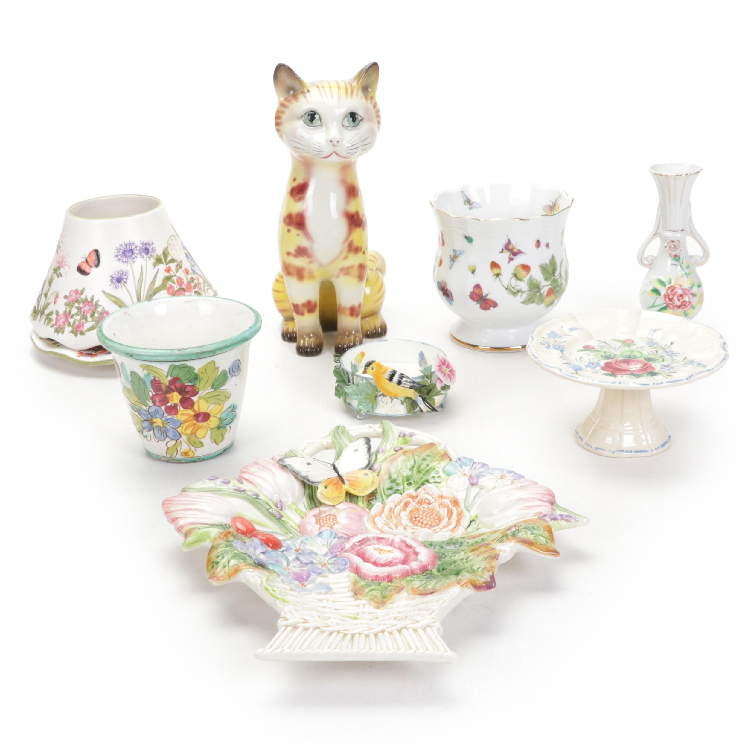 Fitz & Floyd Floral Basket Tray with Other Cat Figurines and Table Accessories