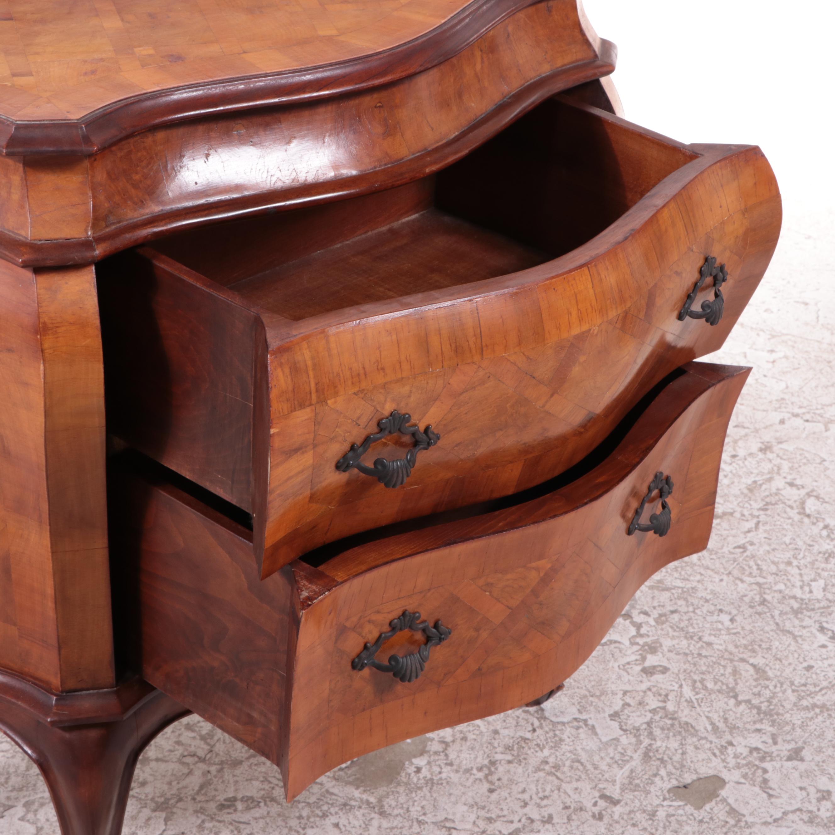 L.J. Newton Co. Louis XV Style Walnut, Burl Walnut, and Parquetry Bombé Commode