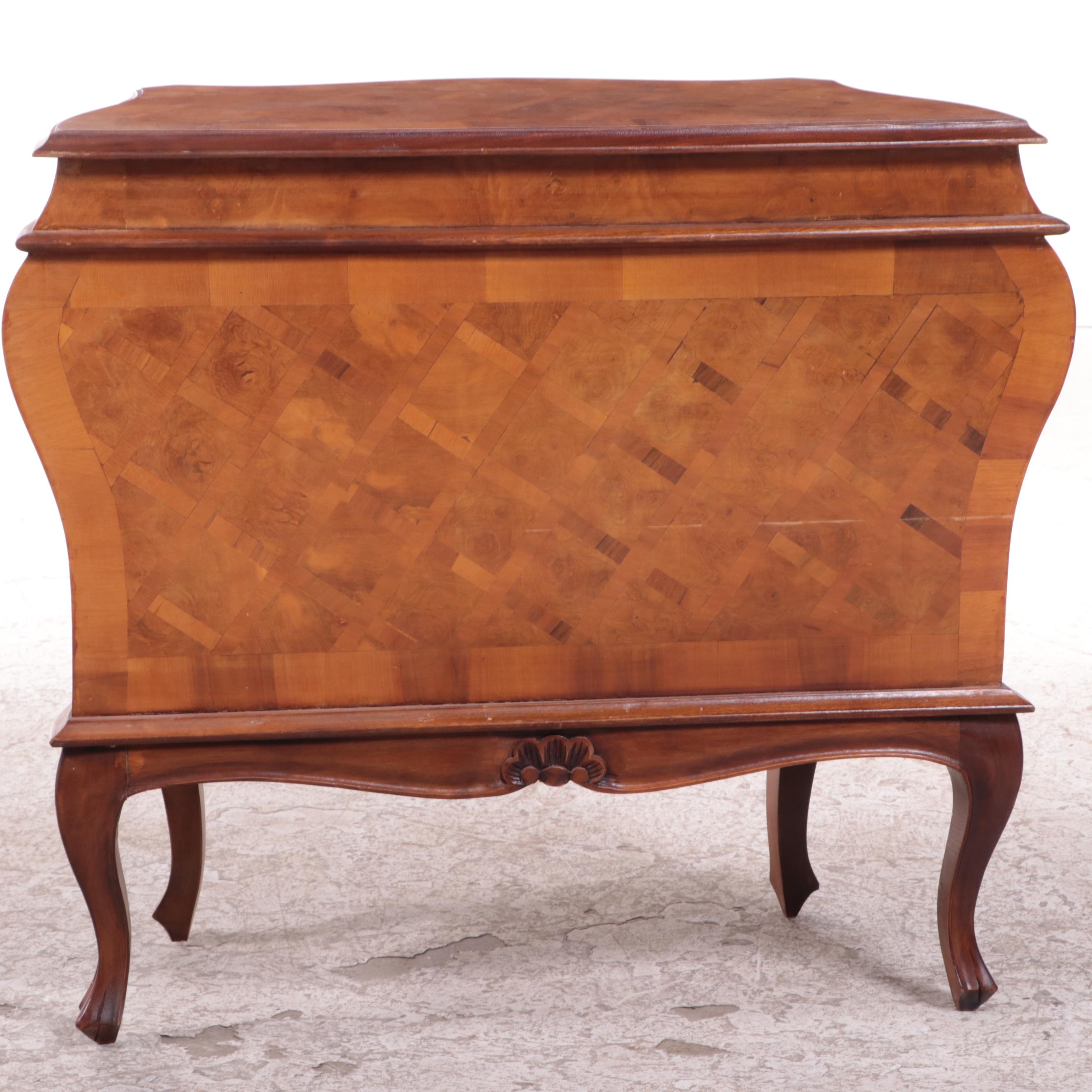 L.J. Newton Co. Louis XV Style Walnut, Burl Walnut, and Parquetry Bombé Commode