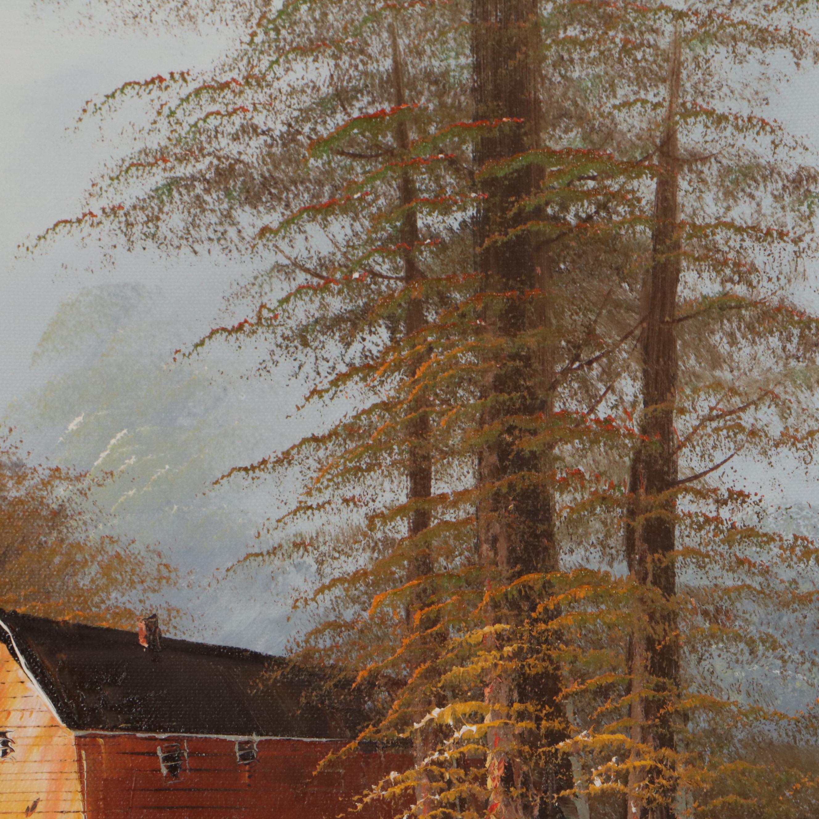 H. Wilson Oil Painting of Autumn Landscape and Watermill, Late 20th Century