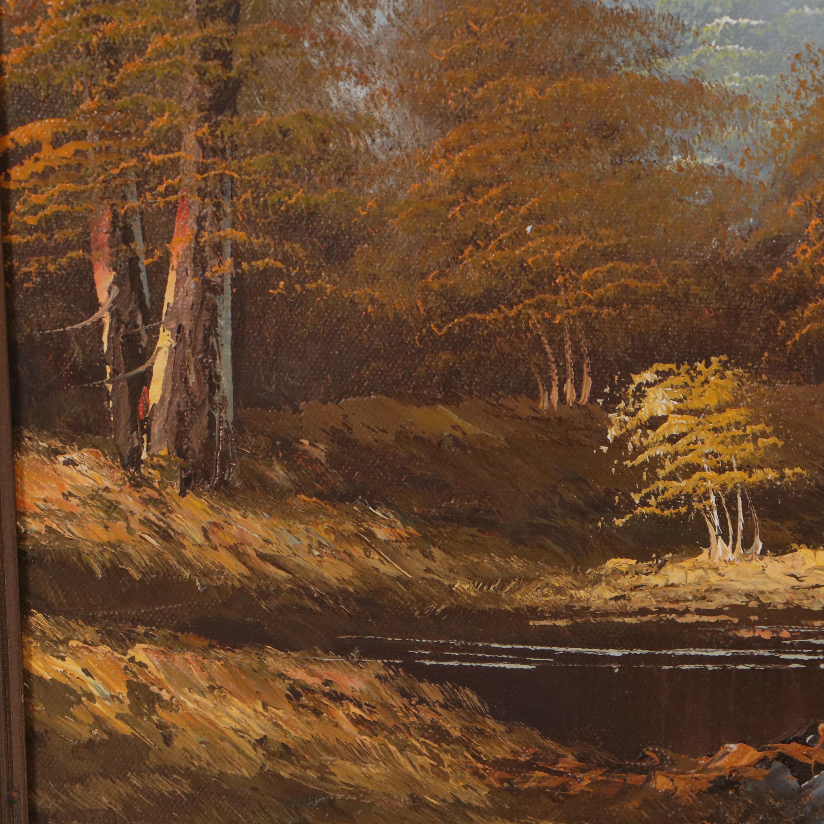 H. Wilson Oil Painting of Autumn Landscape and Watermill, Late 20th Century