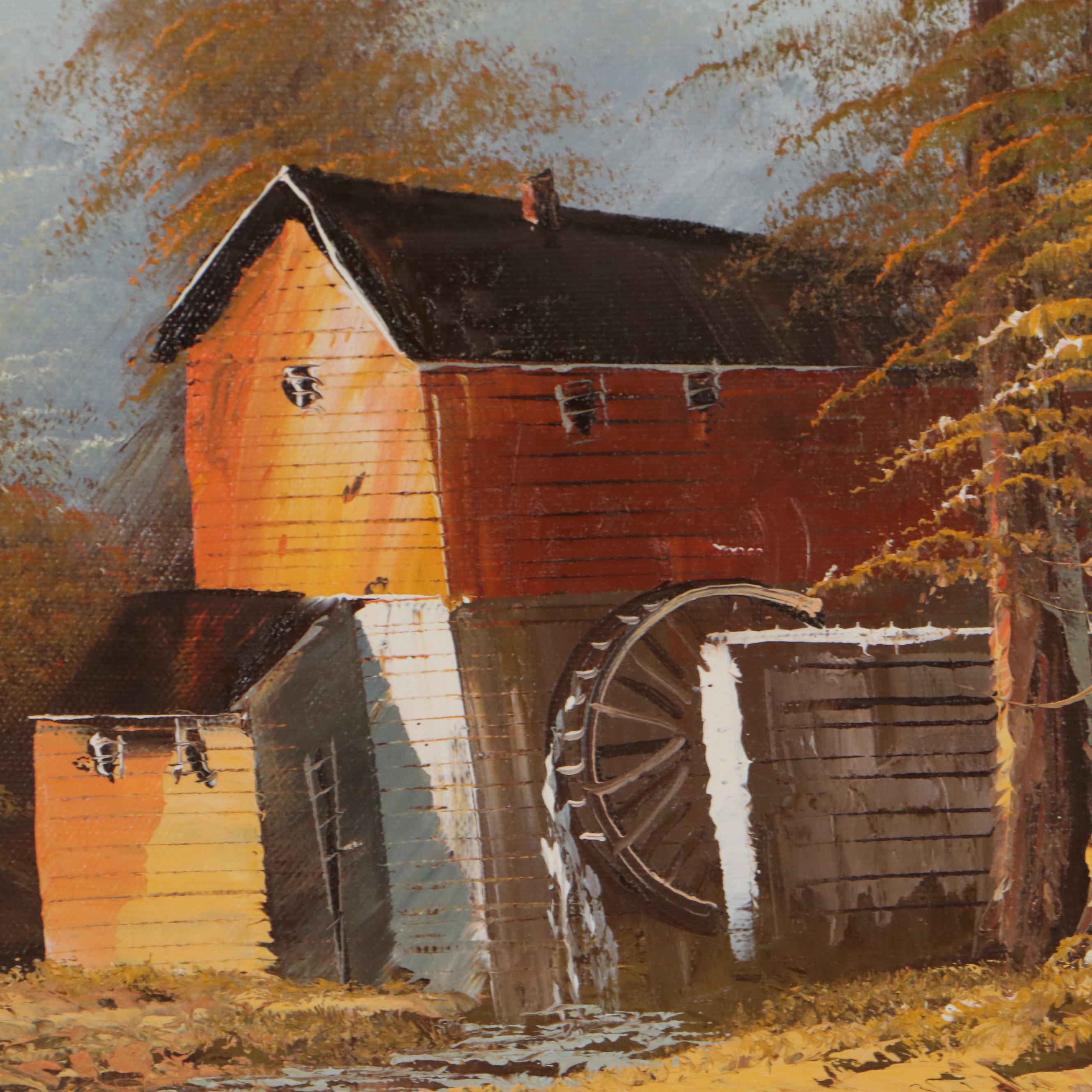 H. Wilson Oil Painting of Autumn Landscape and Watermill, Late 20th Century
