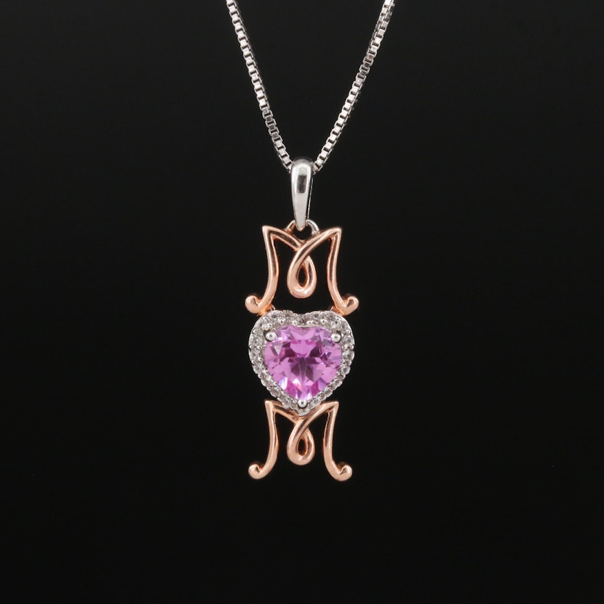 Sterling Sapphire 'MOM' Heart Pendant Necklace