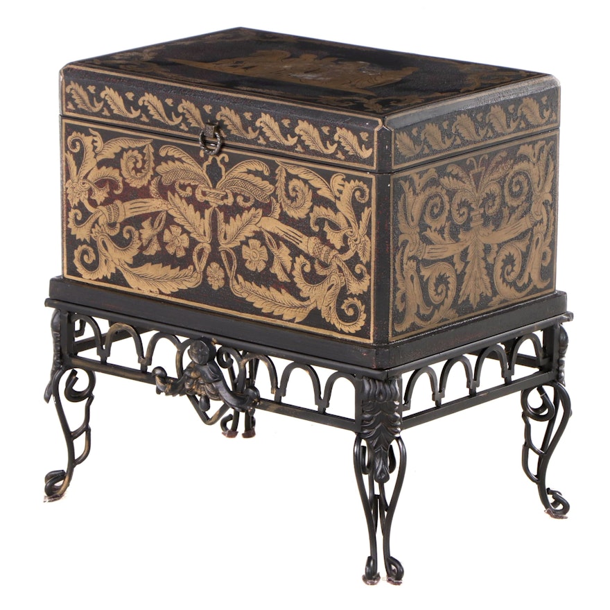 Small Neoclassical Style Ebonized and Gilt-Decorated Chest on Iron Stand