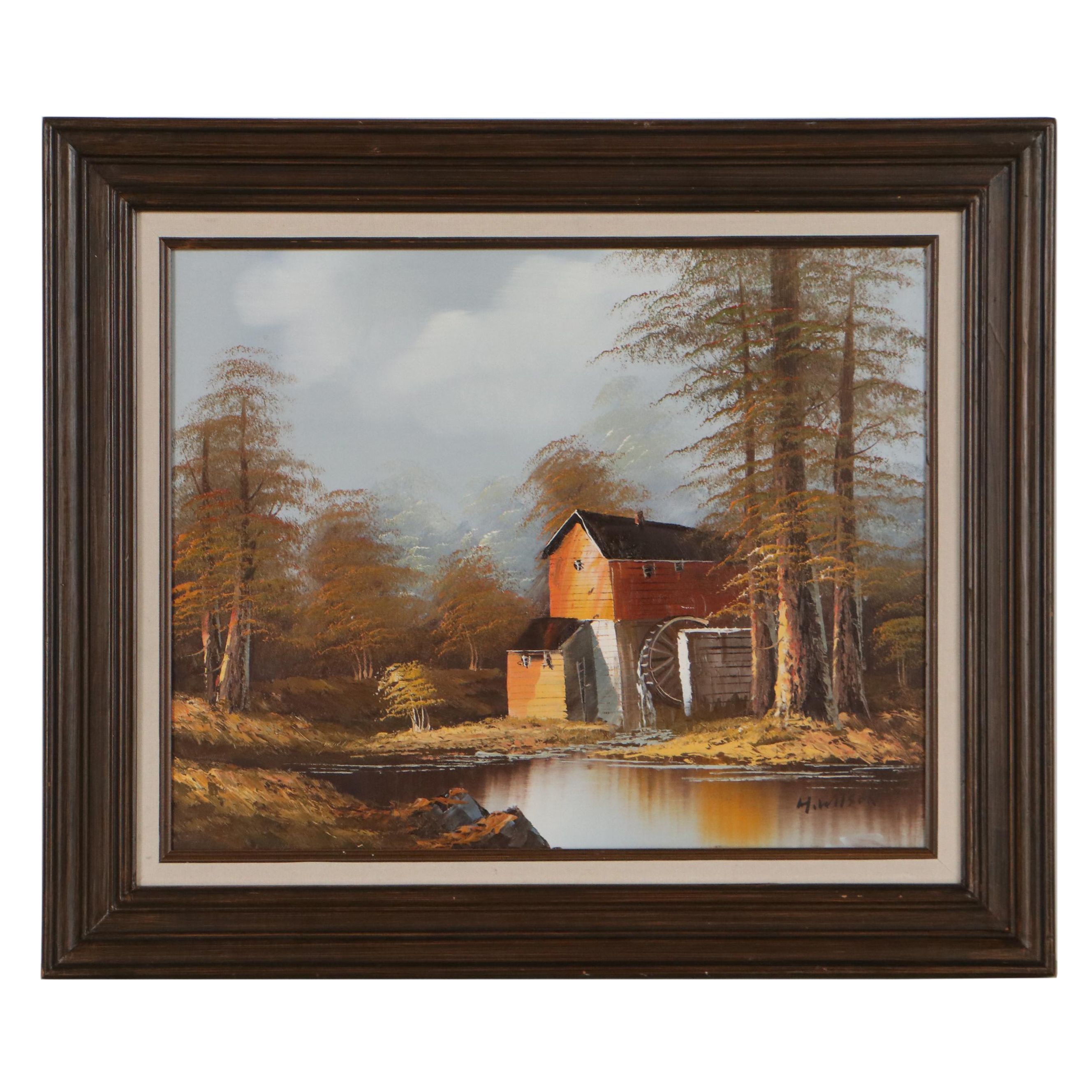 H. Wilson Oil Painting of Autumn Landscape and Watermill, Late 20th Century