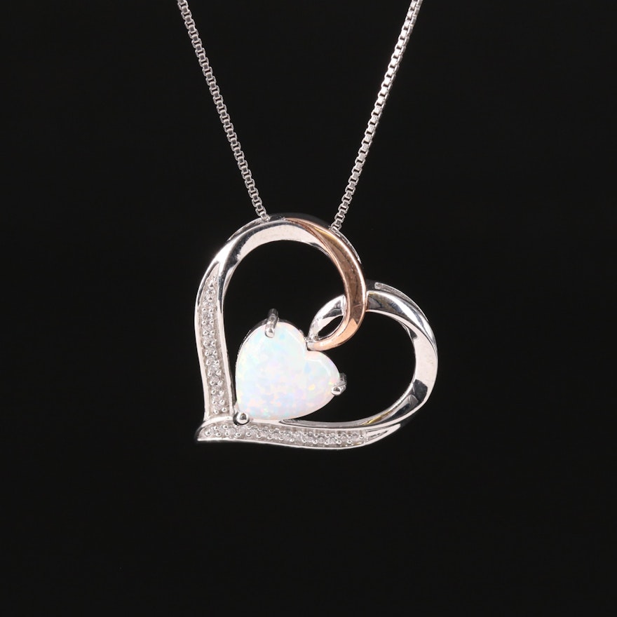 Sterling Silver Opal and Cubic Zirconia Heart Necklace