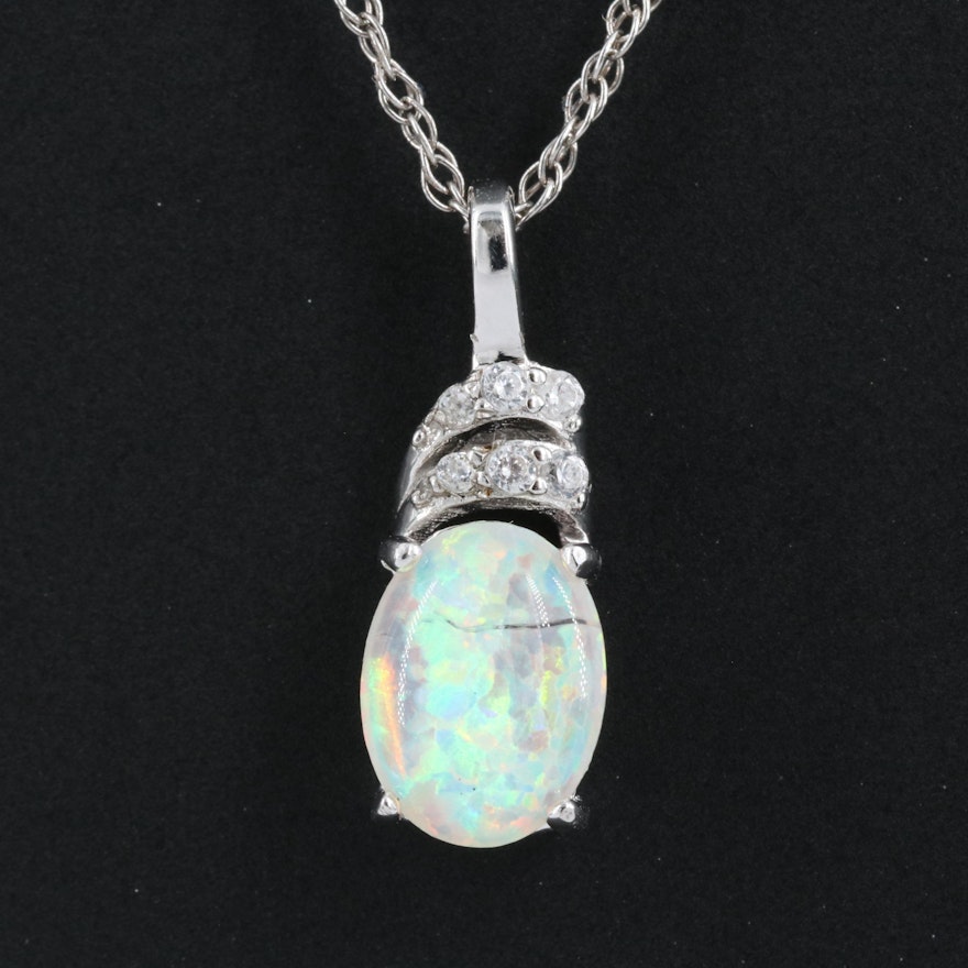 Sterling Opal Doublet and Sapphire Pendant Necklace